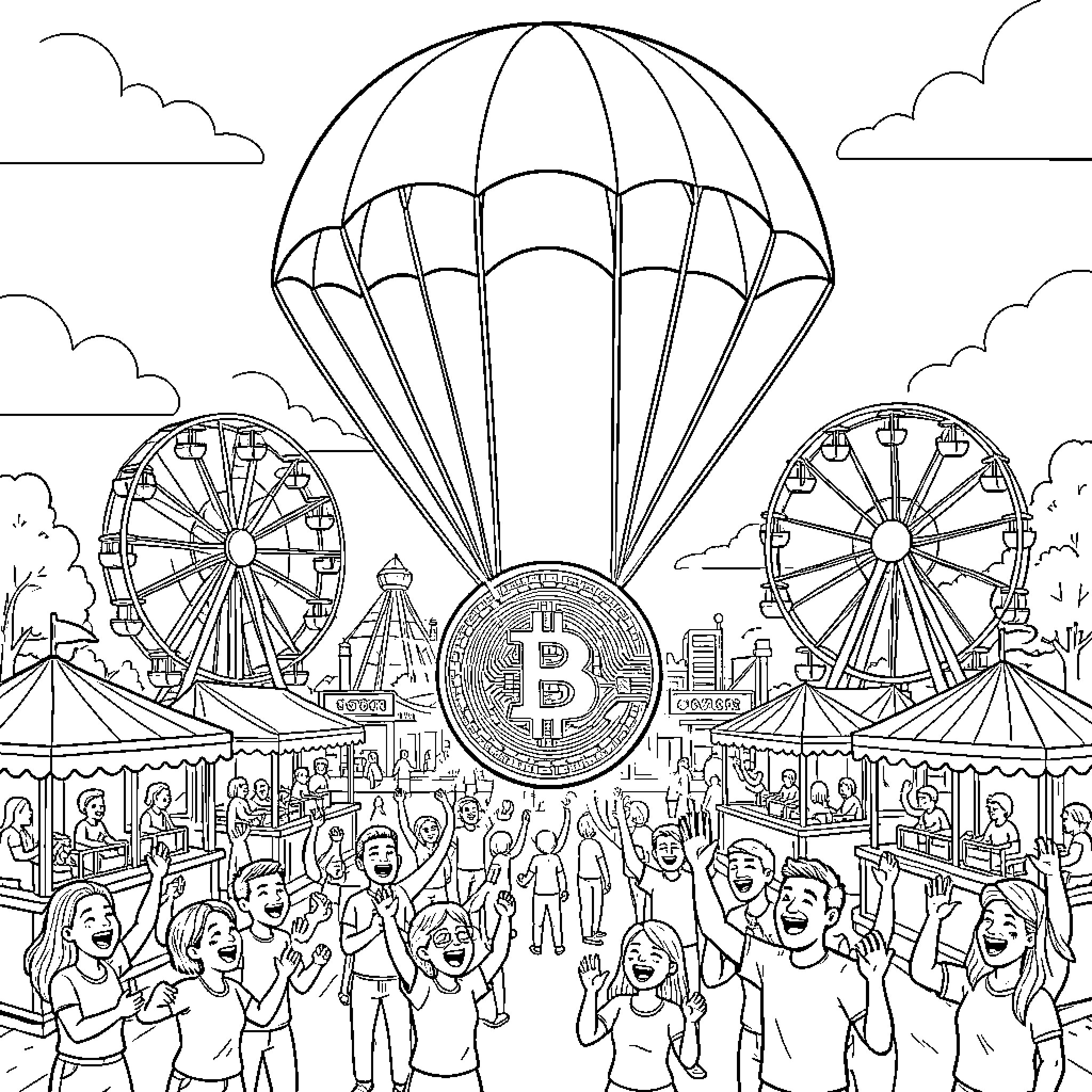 Bitcoin carnival celebration with parachute and ferris wheels Coloring Page (free black-and-white line drawing printable PDF for all, from beginners to advanced learners, including children, teens, adults, and seniors)