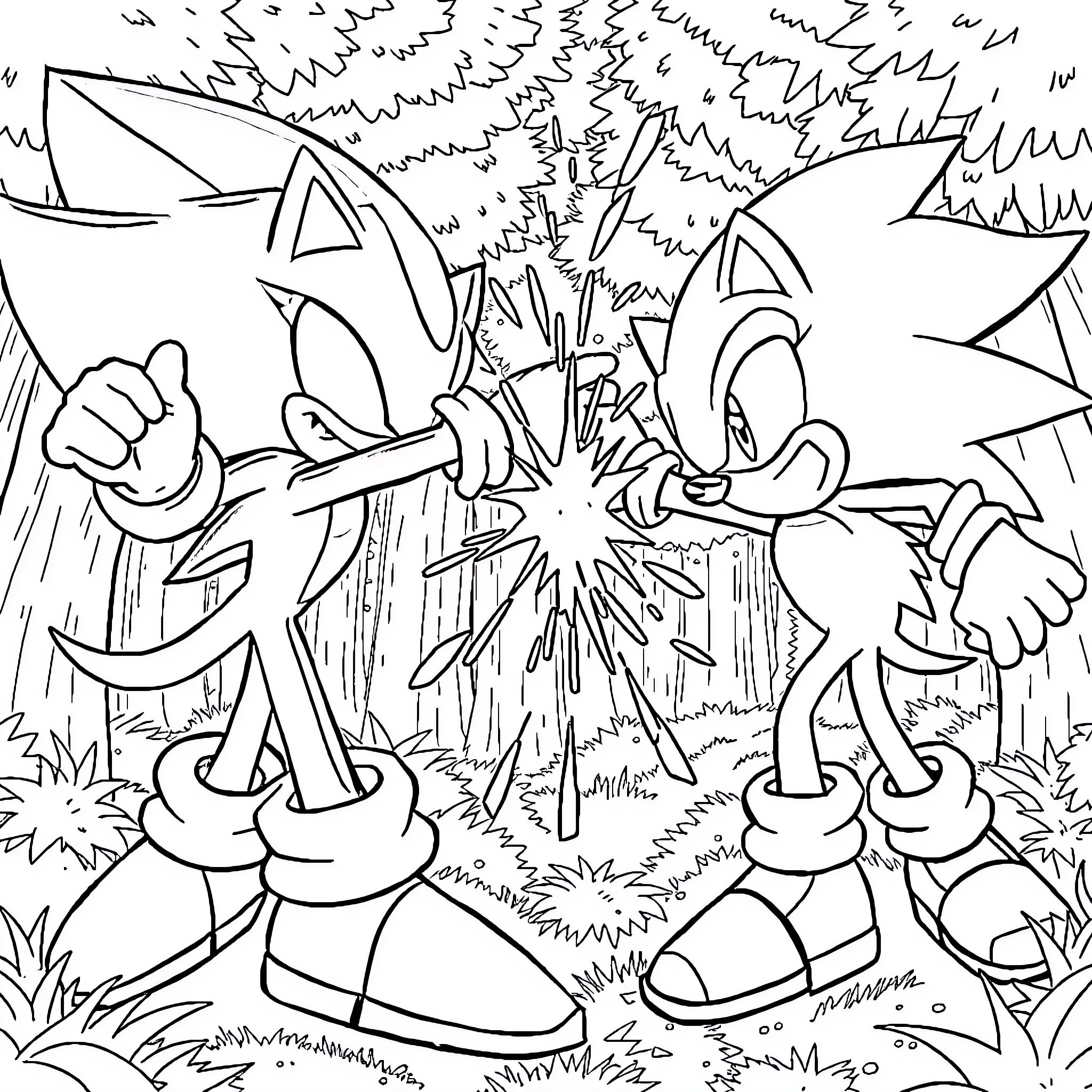 Shadow Heroes Fighting in the Wilderness Coloring Page (free black-and-white line drawing printable PDF for all, from beginners to advanced learners, including children, teens, adults, and seniors)