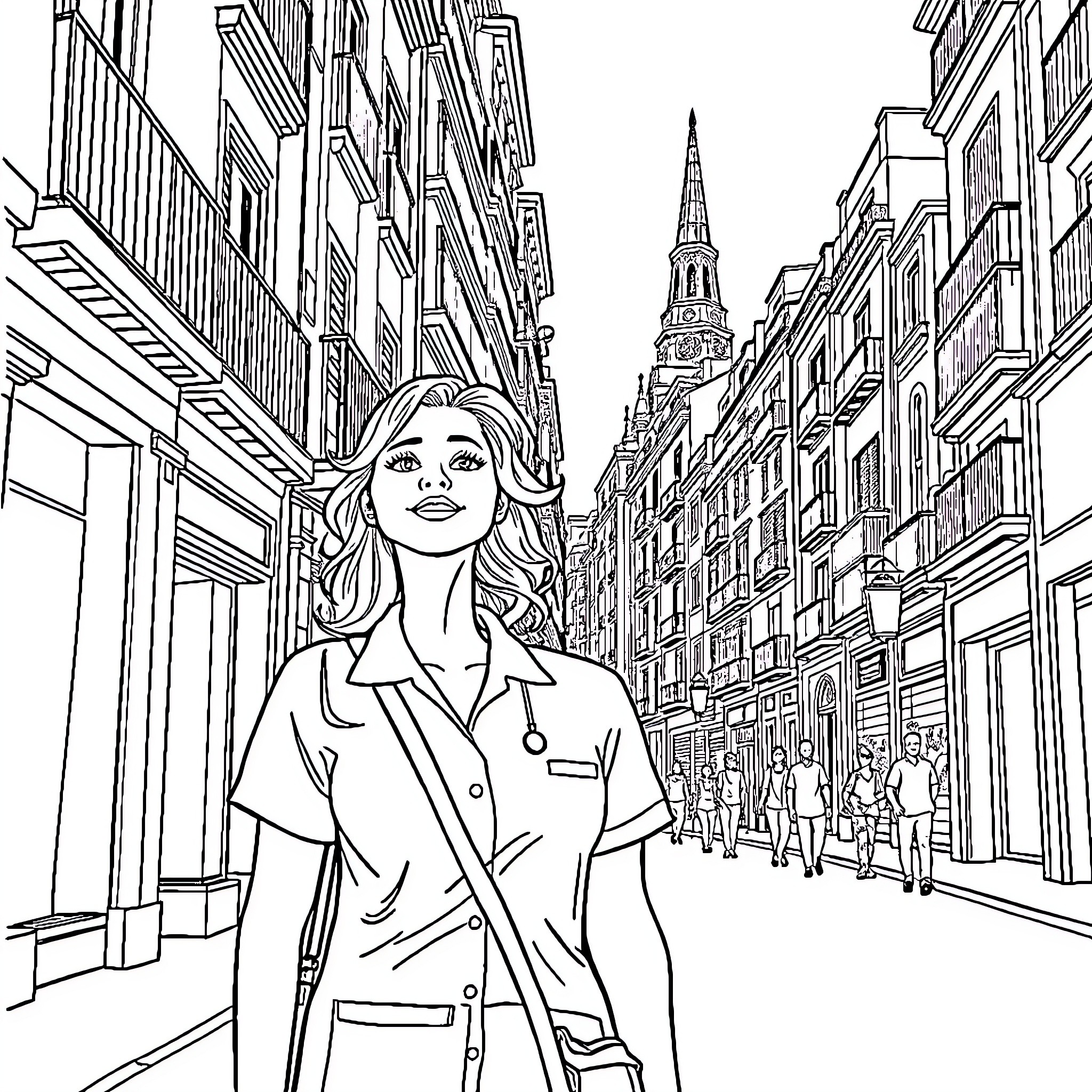 Nurse walking through a bustling city street Coloring Page (free black-and-white line drawing printable PDF for all, from beginners to advanced learners, including children, teens, adults, and seniors)