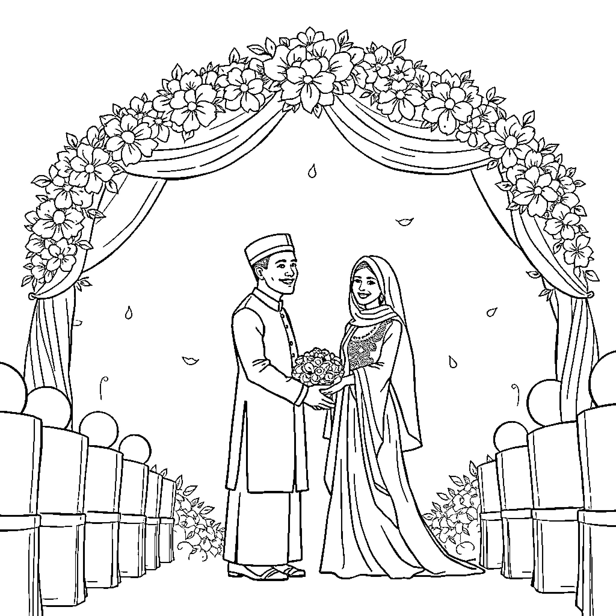 Rumi's wedding ceremony in a floral archway Coloring Page (free black-and-white line drawing printable PDF for all, from beginners to advanced learners, including children, teens, adults, and seniors)