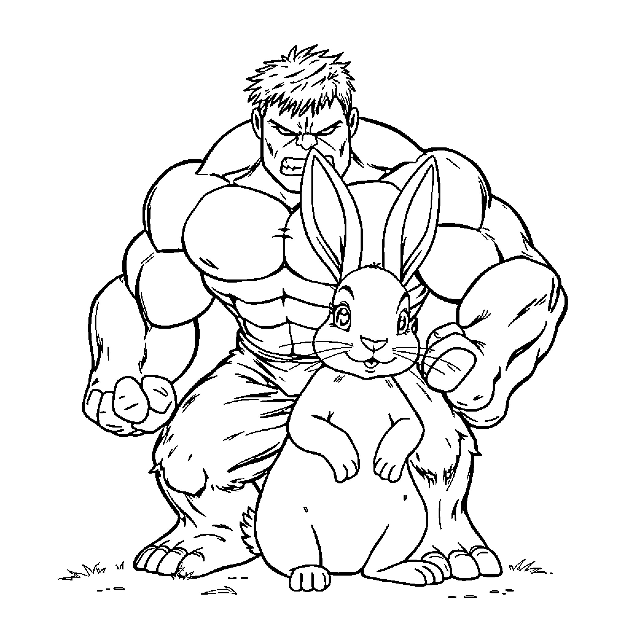 Rabbit and muscular man in a confrontational pose Coloring Page (free black-and-white line drawing printable PDF for all, from beginners to advanced learners, including children, teens, adults, and seniors)