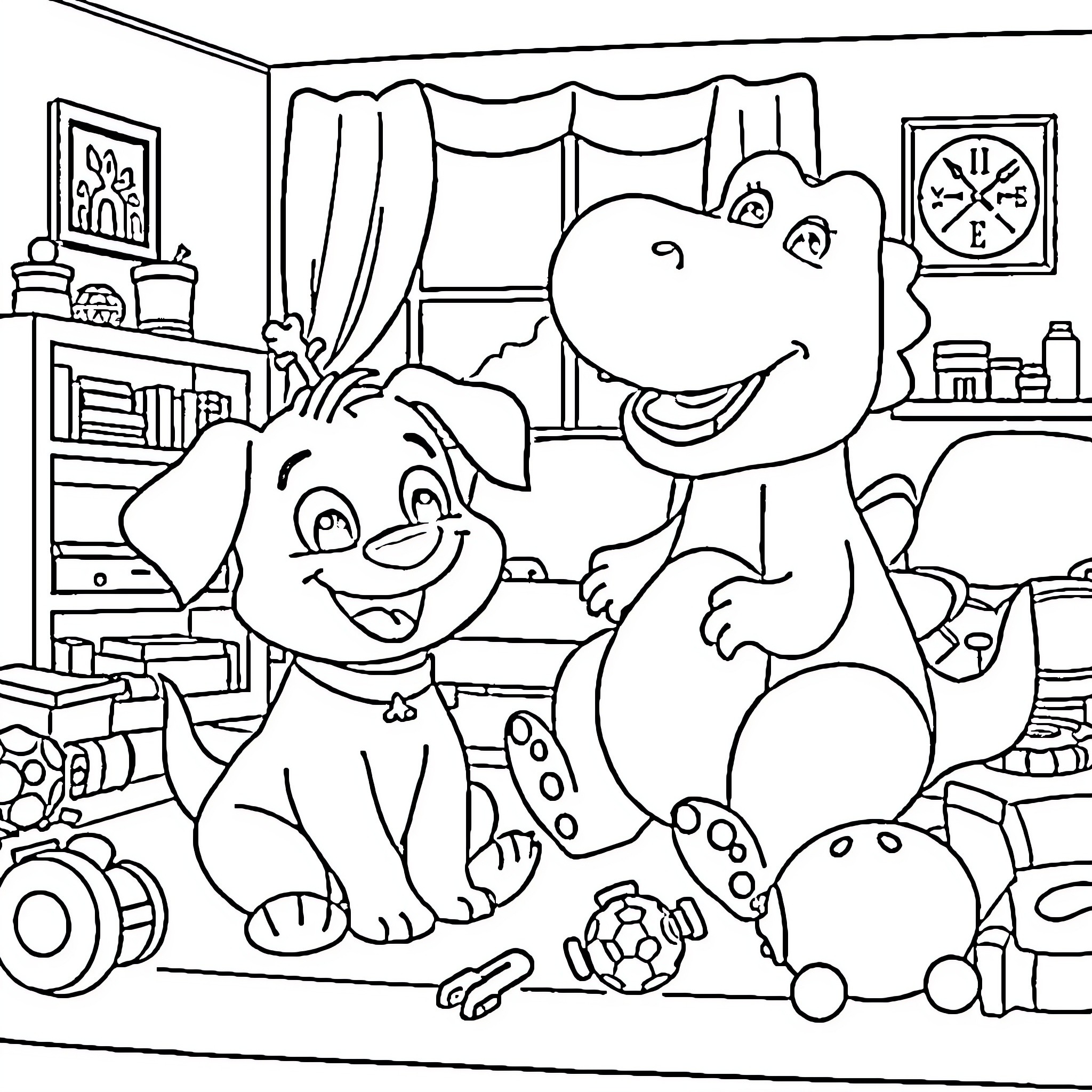 Bluey and friends playing in the bedroom Coloring Page (free black-and-white line drawing printable PDF for all, from beginners to advanced learners, including children, teens, adults, and seniors)