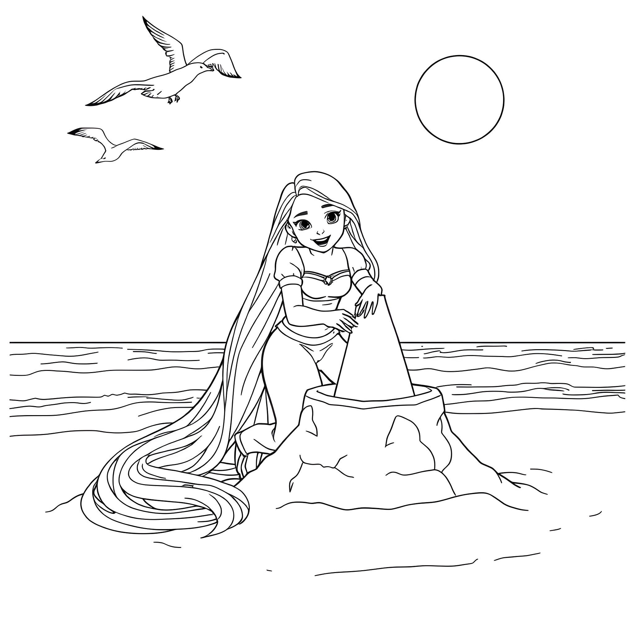 Rapunzel enjoying a sunny day at the beach Coloring Page (free black-and-white line drawing printable PDF for all, from beginners to advanced learners, including children, teens, adults, and seniors)