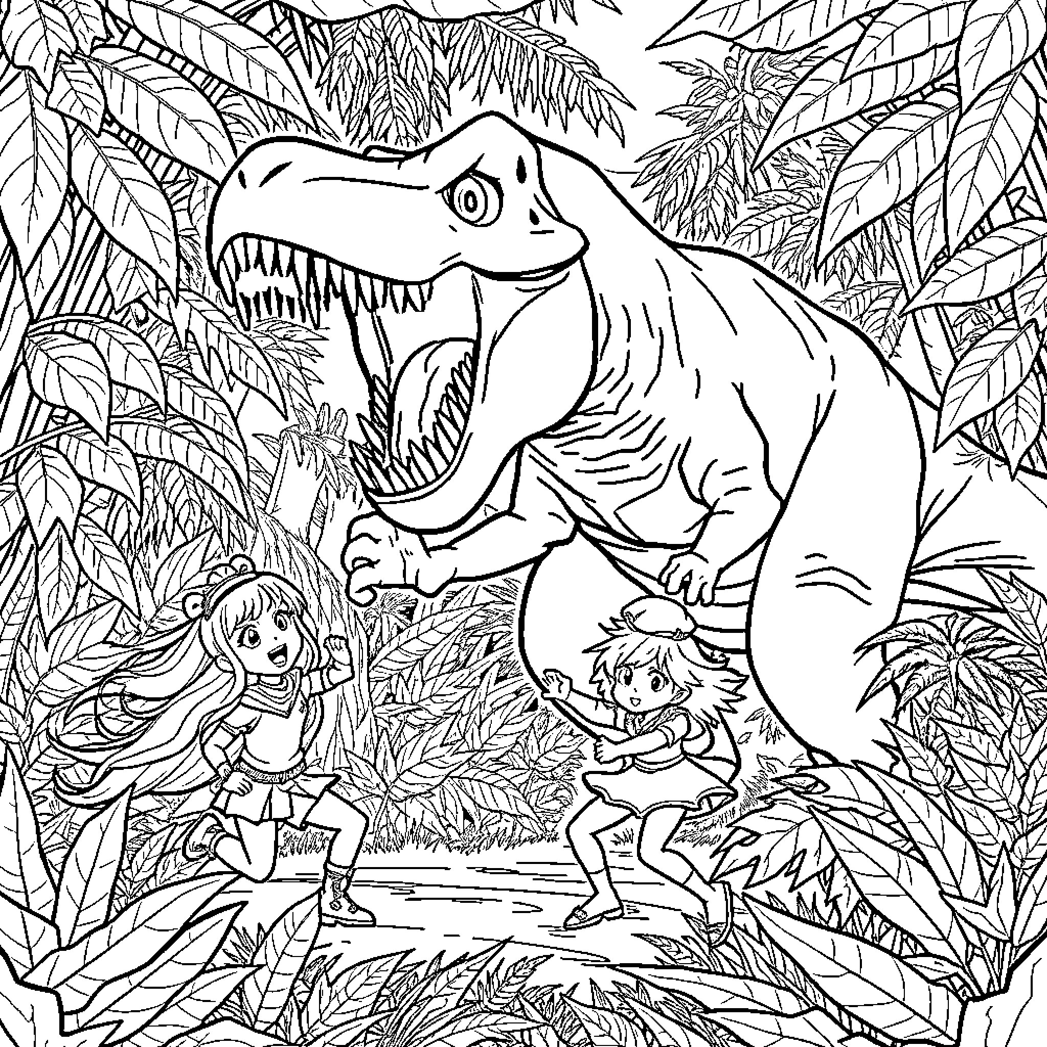 T-Rex confronts explorers in jungle Coloring Page (free black-and-white line drawing printable PDF for all, from beginners to advanced learners, including children, teens, adults, and seniors)
