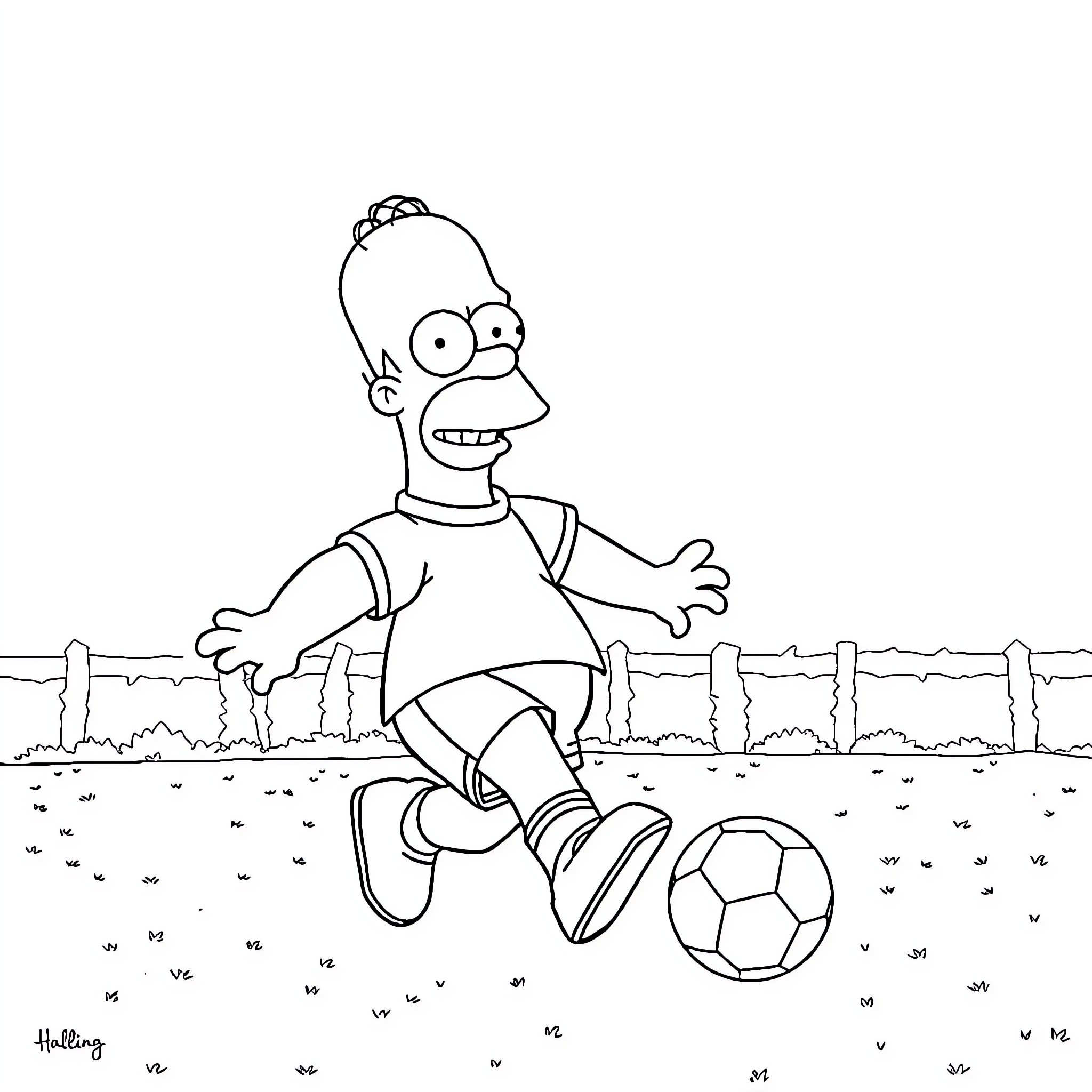 Homer Simpson playing with a soccer ball Coloring Page (free black-and-white line drawing printable PDF for all, from beginners to advanced learners, including children, teens, adults, and seniors)