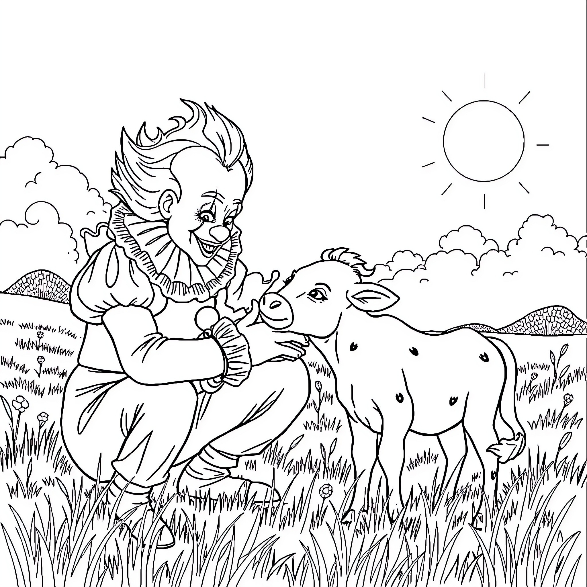 Pennywise the Clown Interacting with a Deer in a Pastoral Scene Coloring Page (free black-and-white line drawing printable PDF for all, from beginners to advanced learners, including children, teens, adults, and seniors)