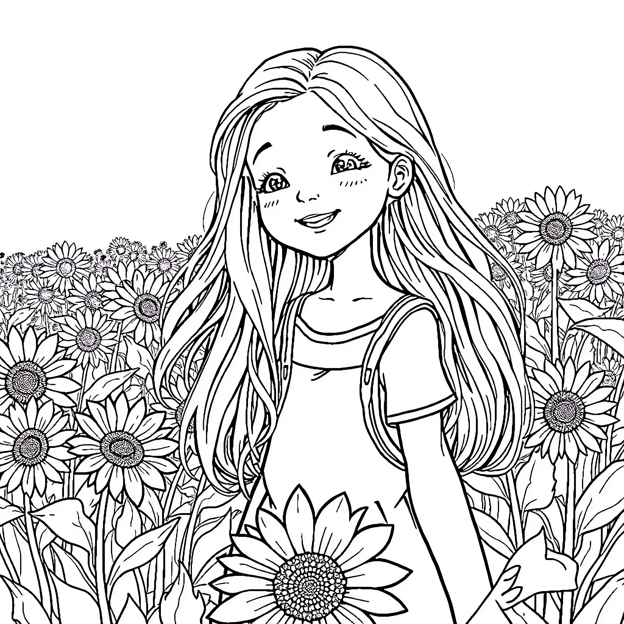 Girl enjoying a field of sunflowers Coloring Page (free black-and-white line drawing printable PDF for all, from beginners to advanced learners, including children, teens, adults, and seniors)