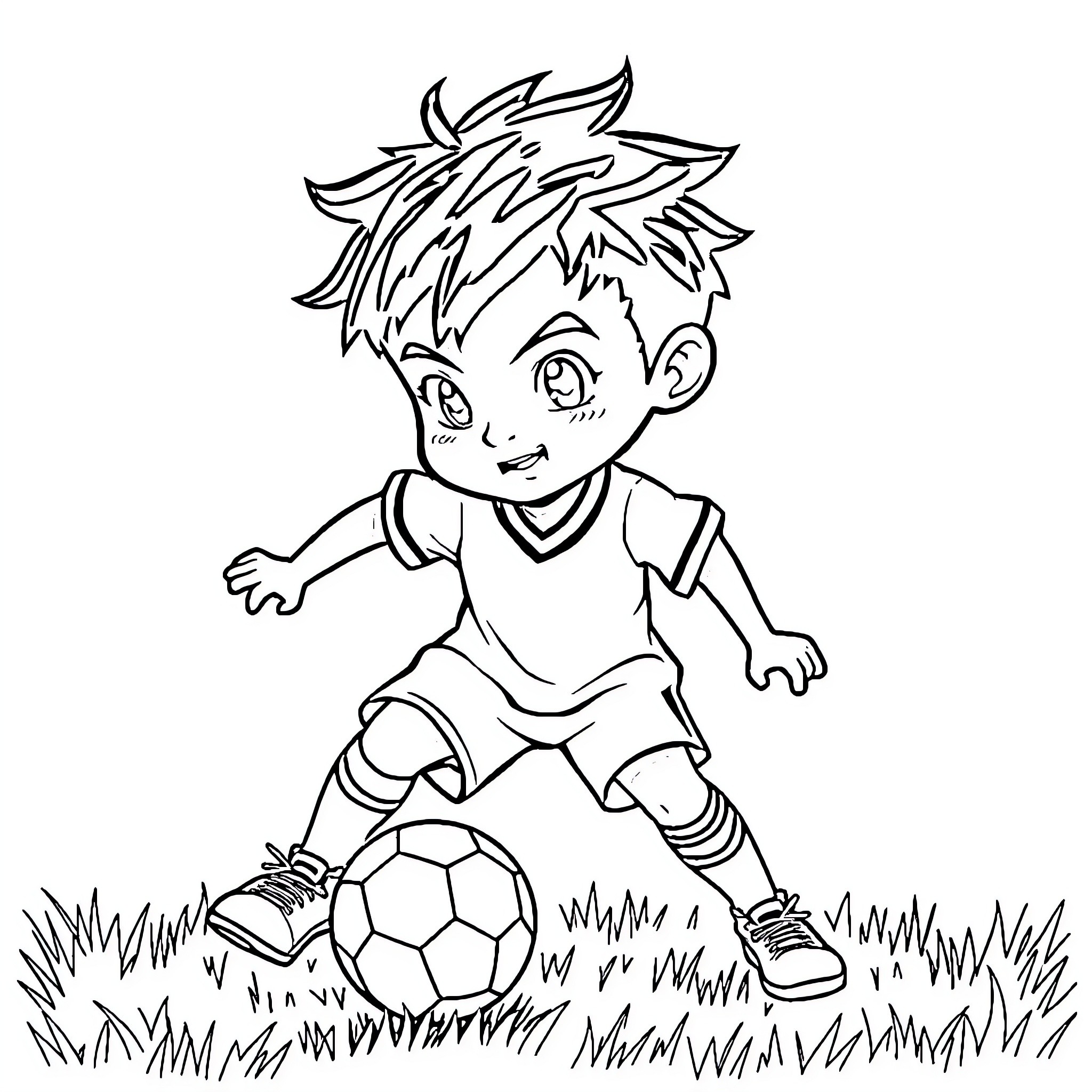 Isagi playing soccer on the field Coloring Page (free black-and-white line drawing printable PDF for all, from beginners to advanced learners, including children, teens, adults, and seniors)