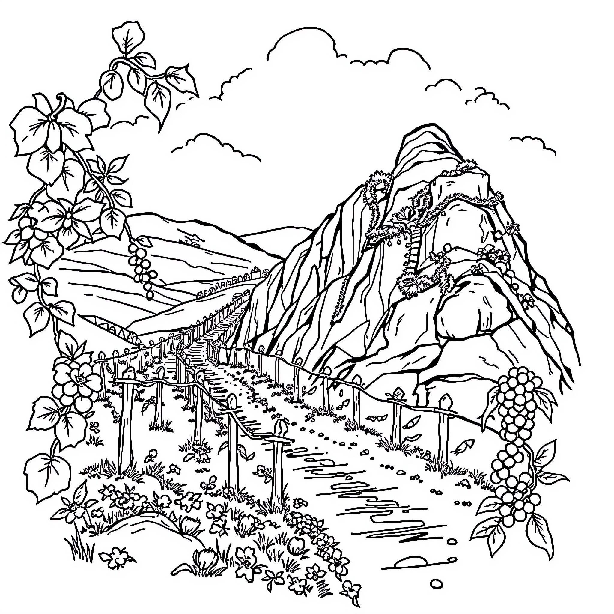 Vine Rock Vineyard Landscape with Mountains Coloring Page (free black-and-white line drawing printable PDF for all, from beginners to advanced learners, including children, teens, adults, and seniors)