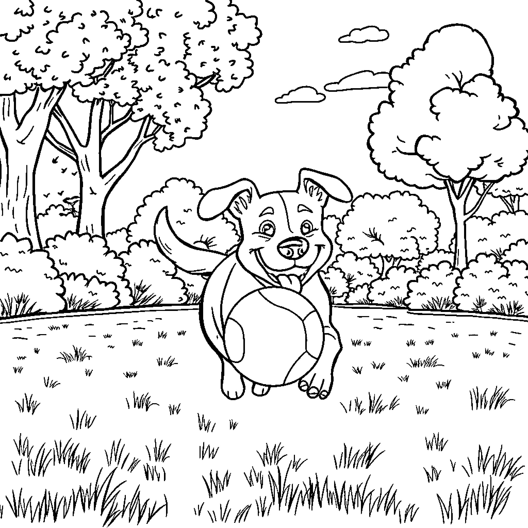 Dog playing happily in the park Coloring Page (free black-and-white line drawing printable PDF for all, from beginners to advanced learners, including children, teens, adults, and seniors)