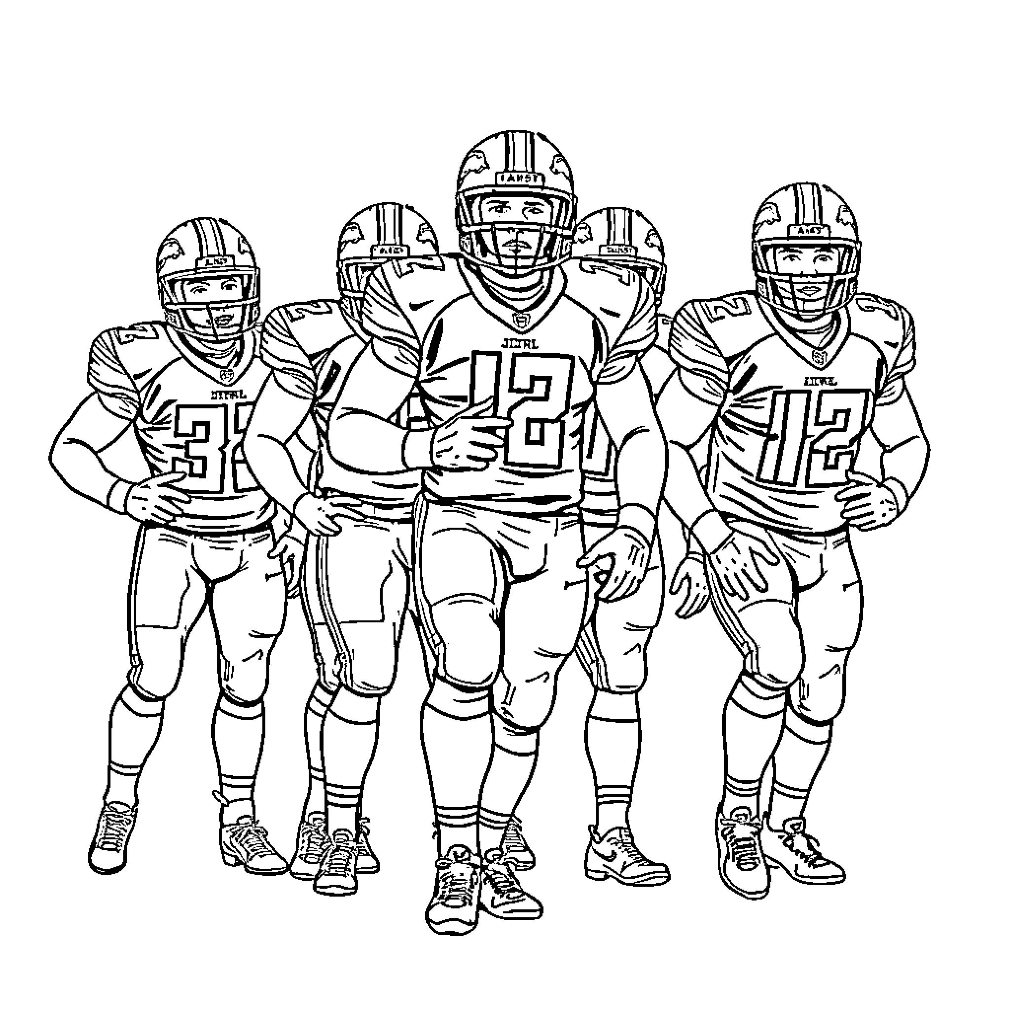 Lion football players in uniform preparing for the game Coloring Page (free black-and-white line drawing printable PDF for all, from beginners to advanced learners, including children, teens, adults, and seniors)