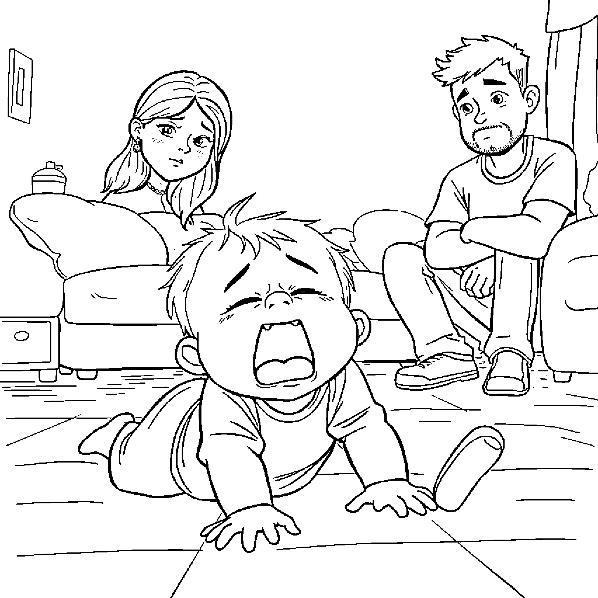 Toddler throwing a tantrum while parents observe Coloring Page (free black-and-white line drawing printable PDF for all, from beginners to advanced learners, including children, teens, adults, and seniors)