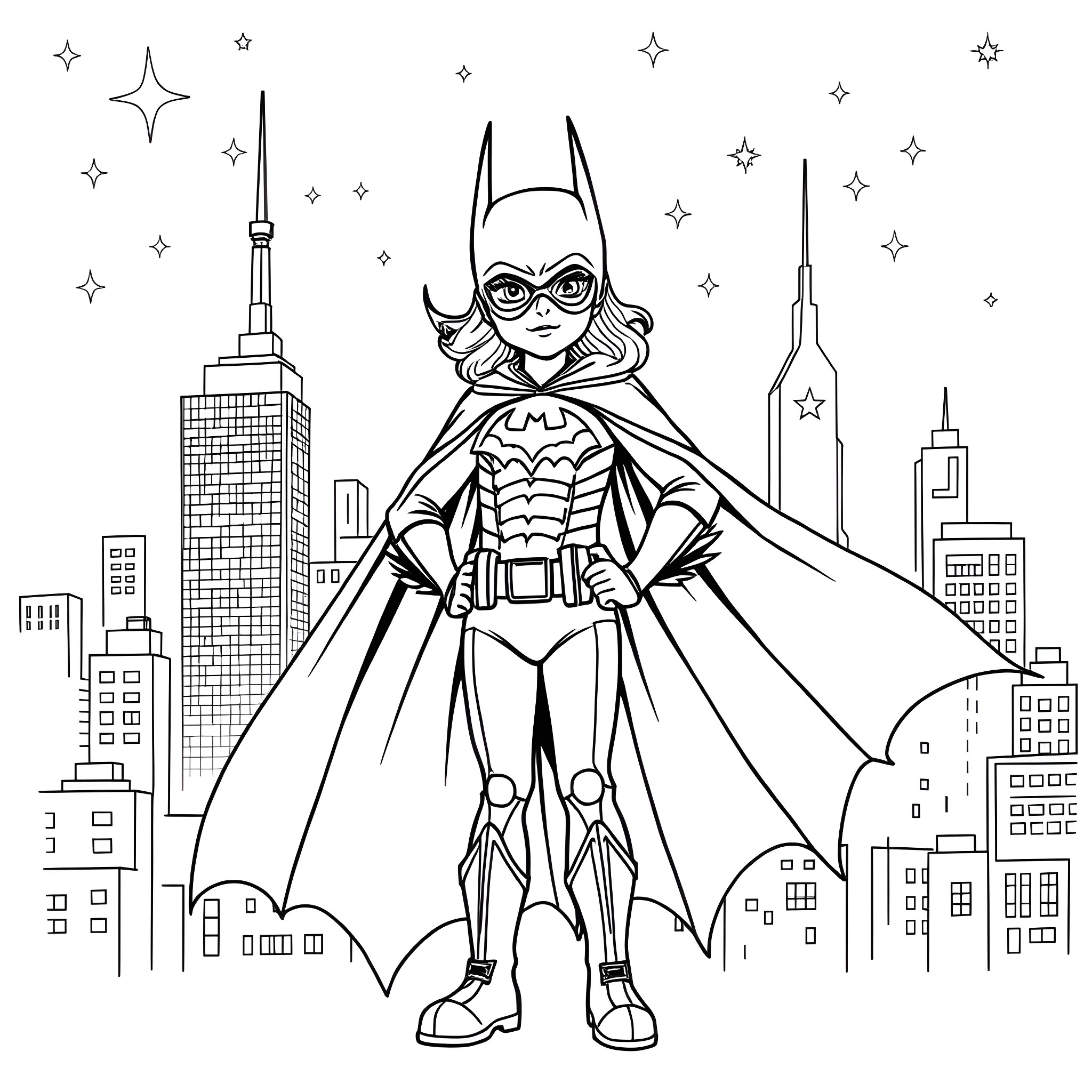 Girl superhero in the city Coloring Page (free black-and-white line drawing printable PDF for all, from beginners to advanced learners, including children, teens, adults, and seniors)