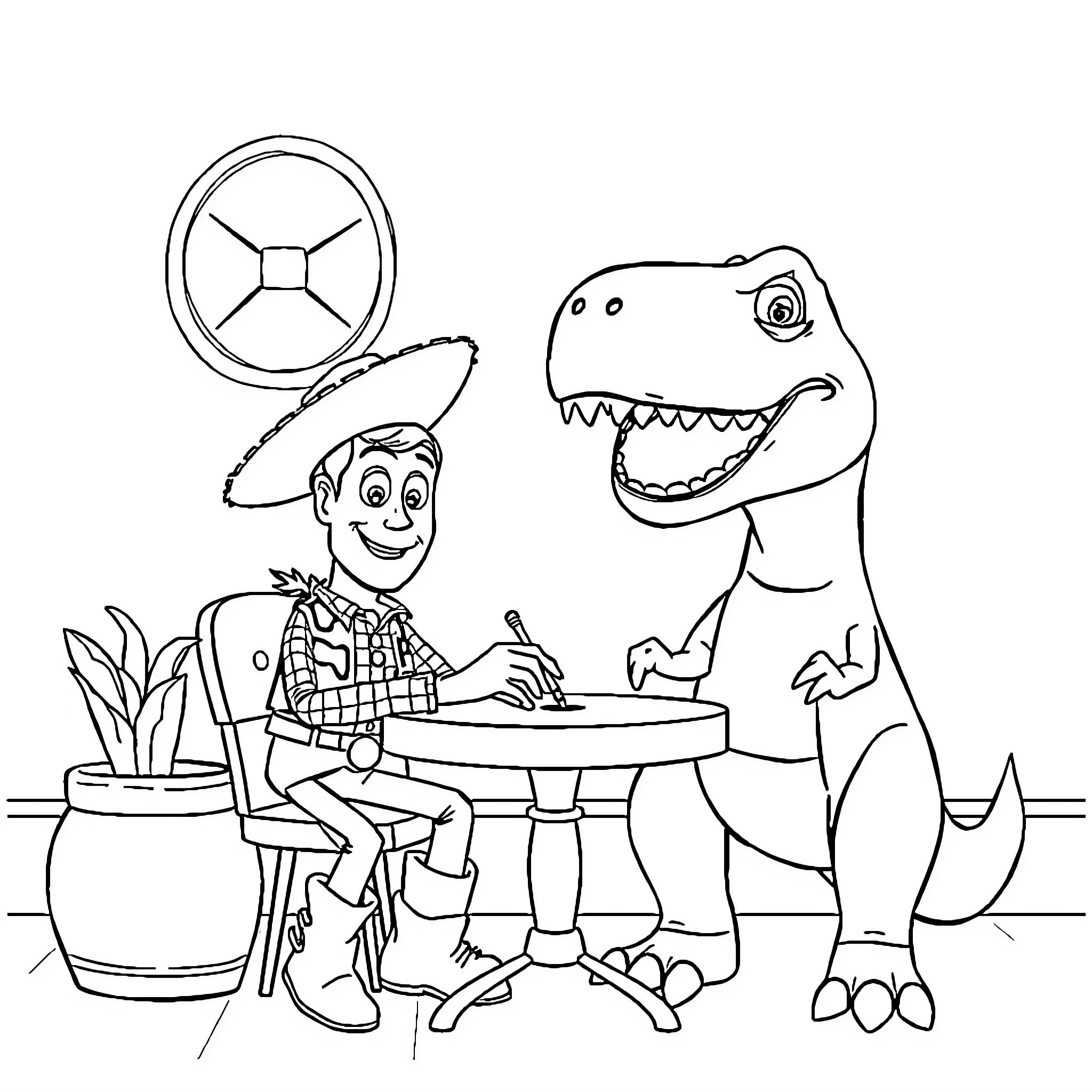 Woody and the Playful Dinosaur Companion Coloring Page (free black-and-white line drawing printable PDF for all, from beginners to advanced learners, including children, teens, adults, and seniors)