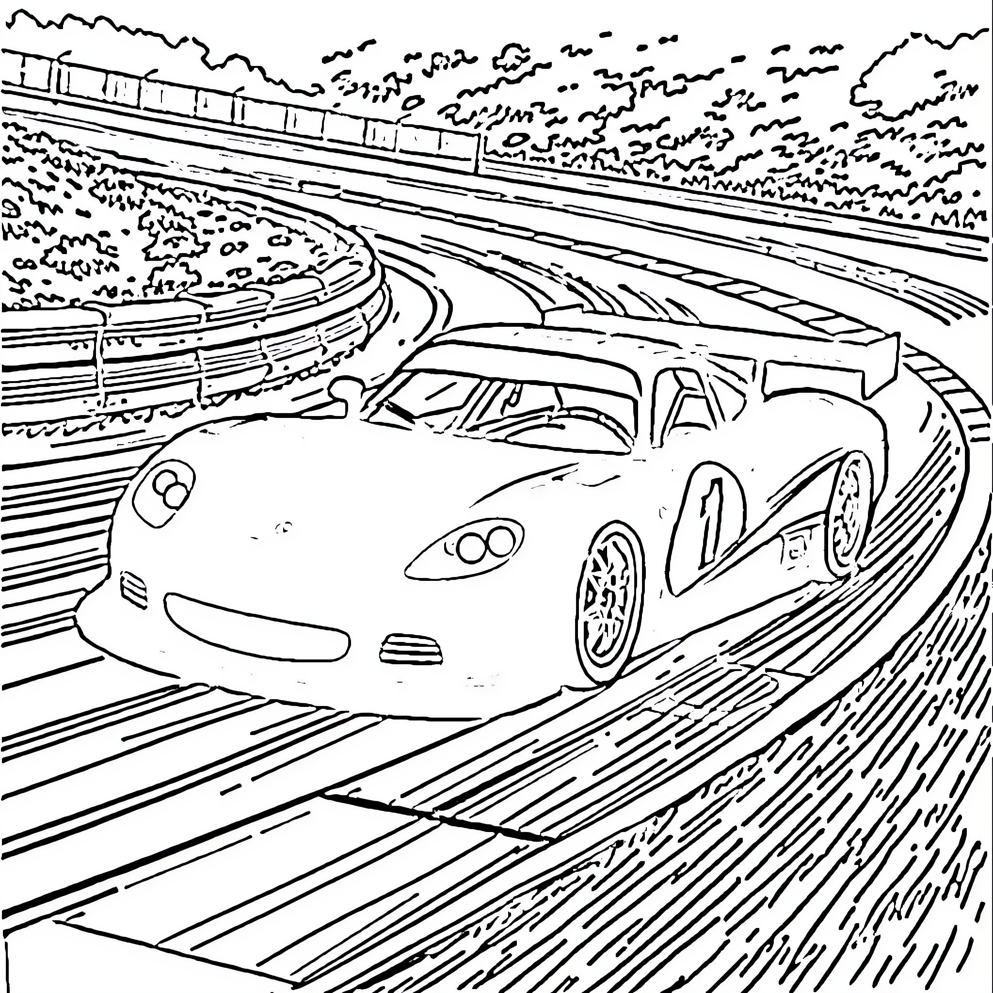 Racecar speeding on the race track Coloring Page (free black-and-white line drawing printable PDF for all, from beginners to advanced learners, including children, teens, adults, and seniors)