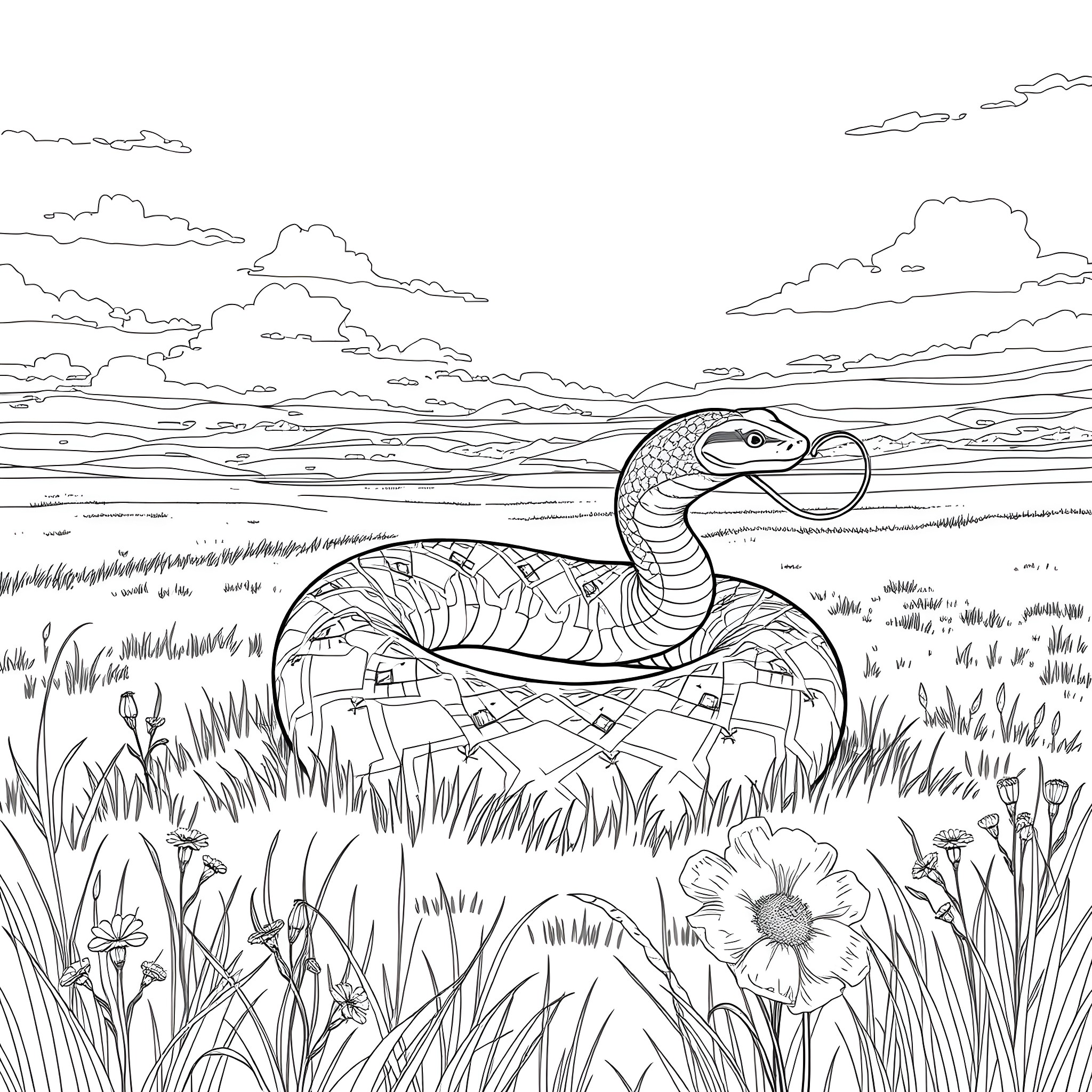 Bothriechis Schlegelii in a Serene Natural Landscape Coloring Page (free black-and-white line drawing printable PDF for all, from beginners to advanced learners, including children, teens, adults, and seniors)