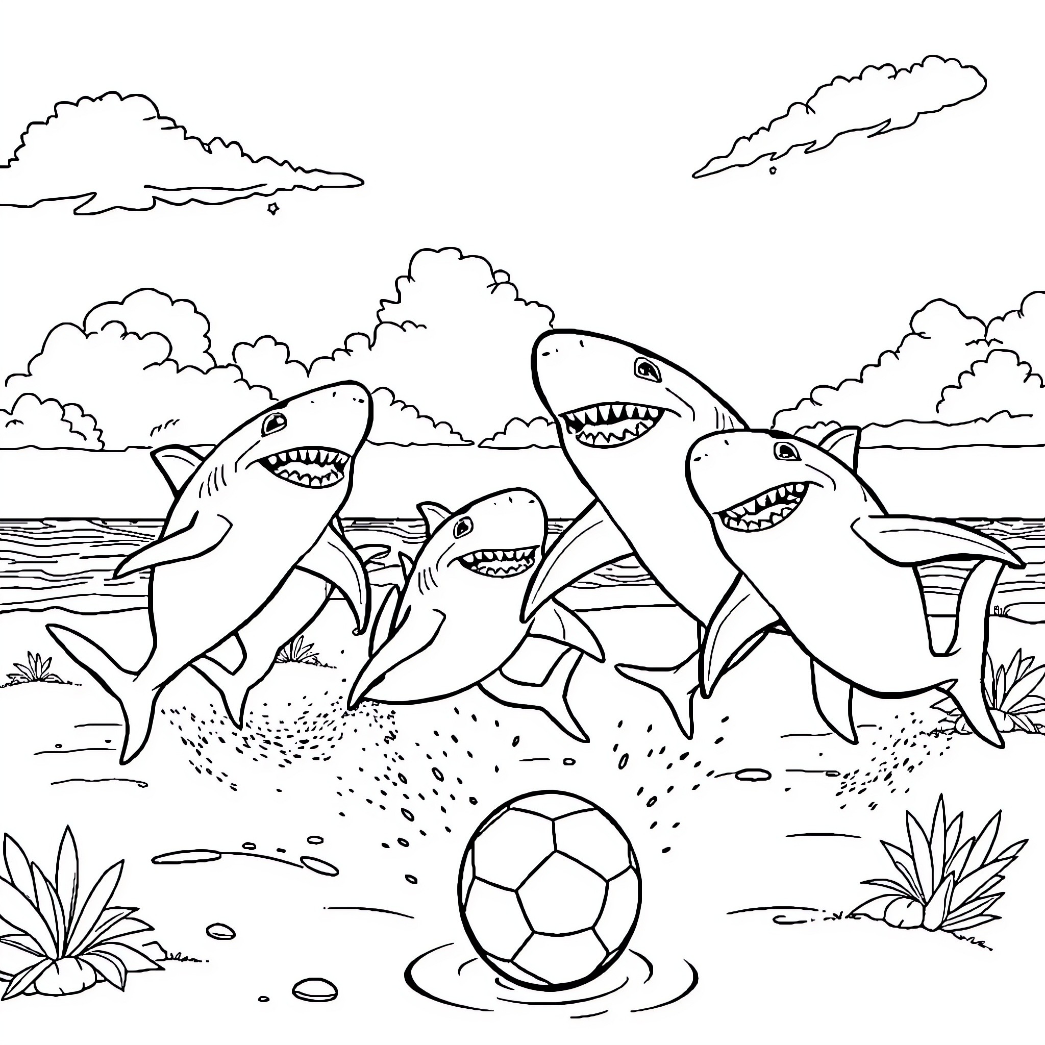 Shark family playing with soccer ball at the beach Coloring Page (free black-and-white line drawing printable PDF for all, from beginners to advanced learners, including children, teens, adults, and seniors)
