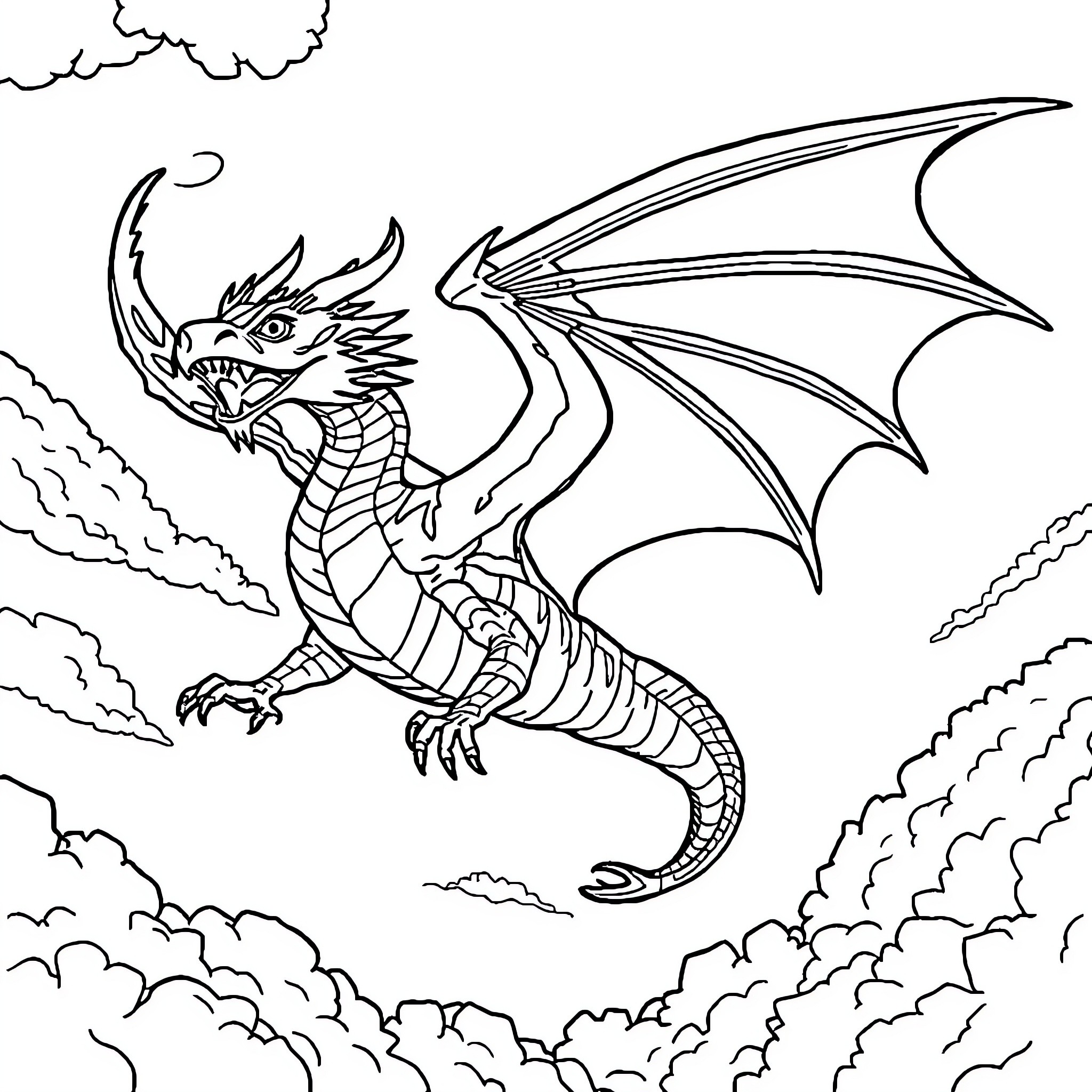 Dragon soaring through the cloudy skies Coloring Page (free black-and-white line drawing printable PDF for all, from beginners to advanced learners, including children, teens, adults, and seniors)