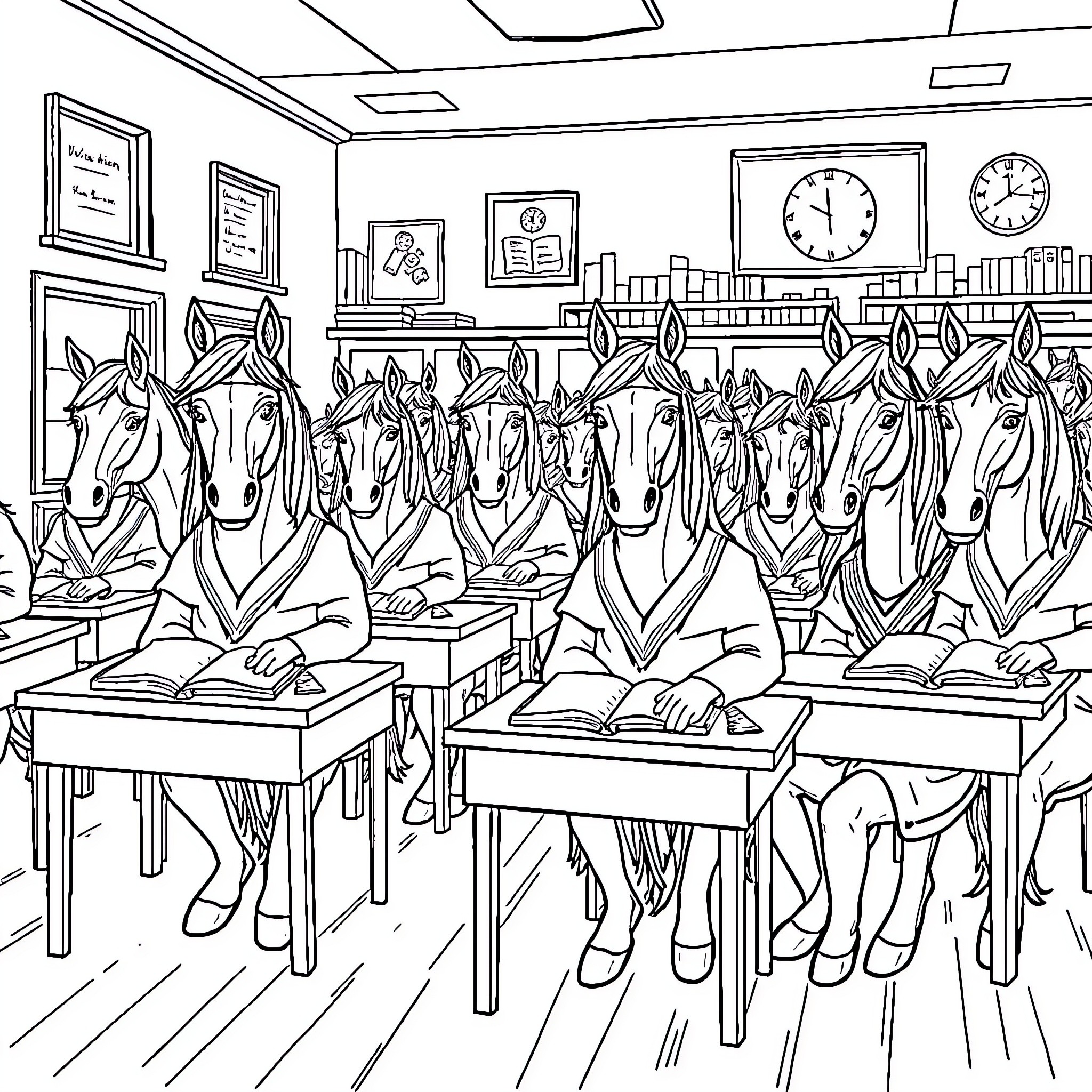 Horse students learning in the classroom Coloring Page (free black-and-white line drawing printable PDF for all, from beginners to advanced learners, including children, teens, adults, and seniors)
