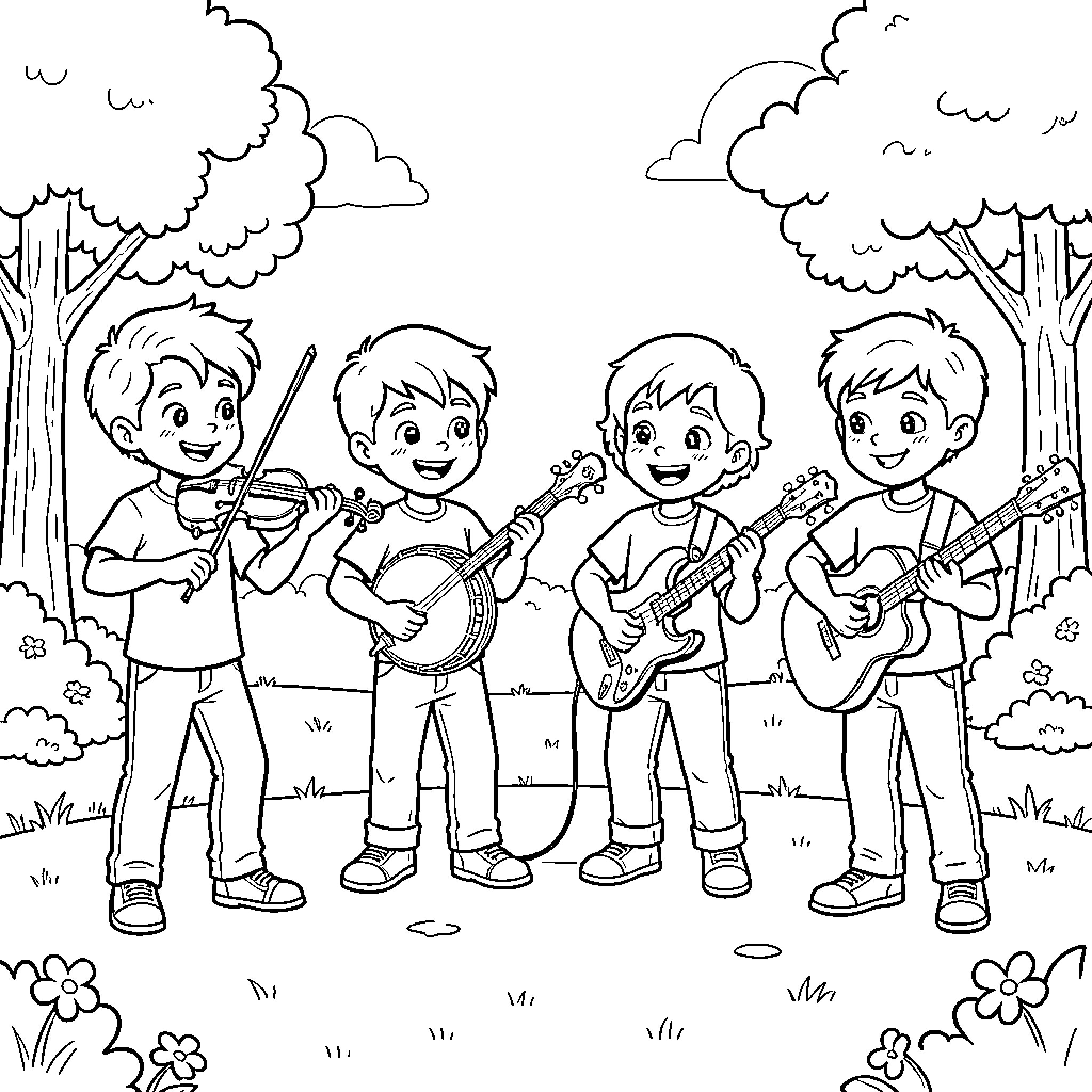 Boys playing musical instruments in the park Coloring Page (free black-and-white line drawing printable PDF for all, from beginners to advanced learners, including children, teens, adults, and seniors)