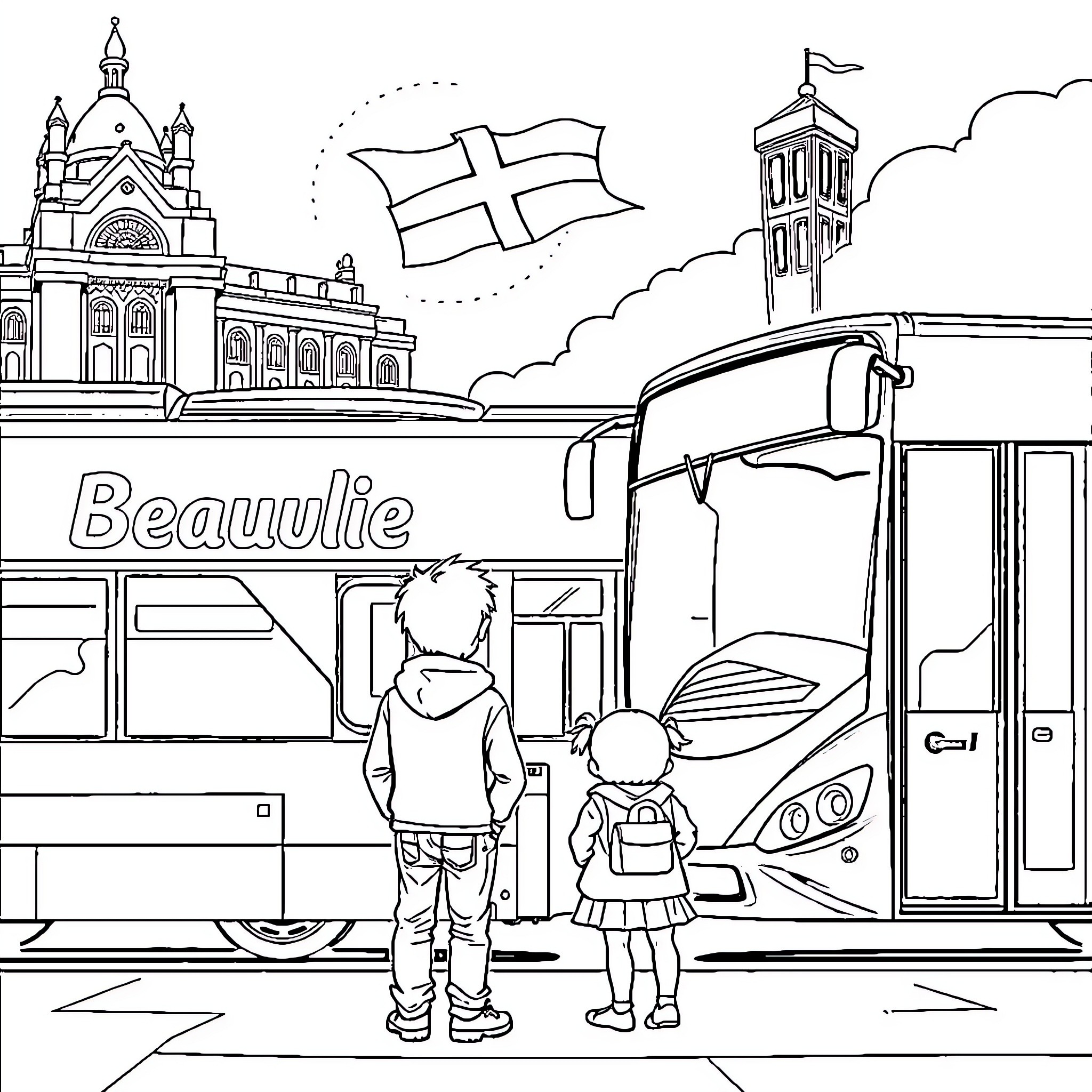 Child exploring the city with a friend Coloring Page (free black-and-white line drawing printable PDF for all, from beginners to advanced learners, including children, teens, adults, and seniors)