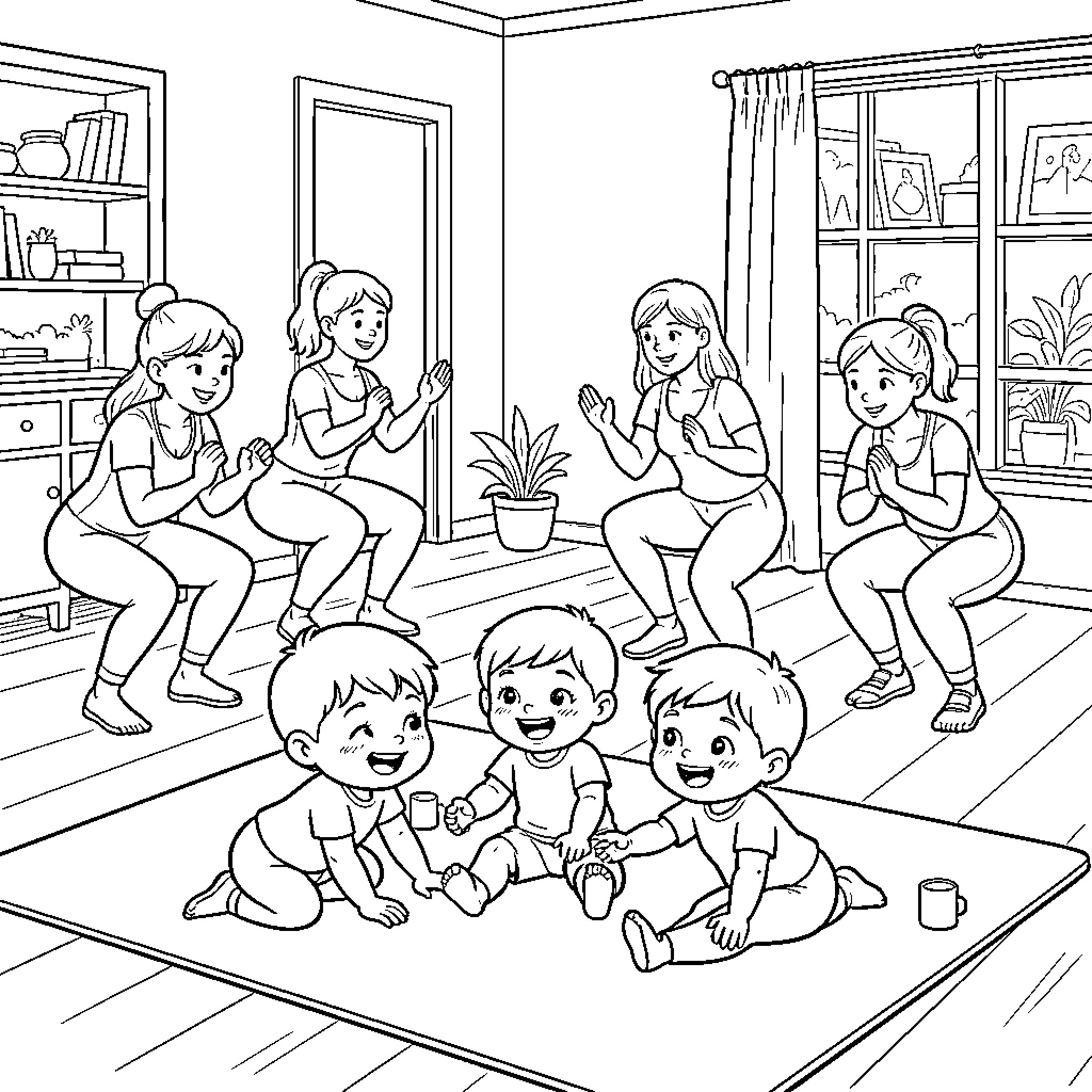 Baby and children exercising and playing together Coloring Page (free black-and-white line drawing printable PDF for all, from beginners to advanced learners, including children, teens, adults, and seniors)
