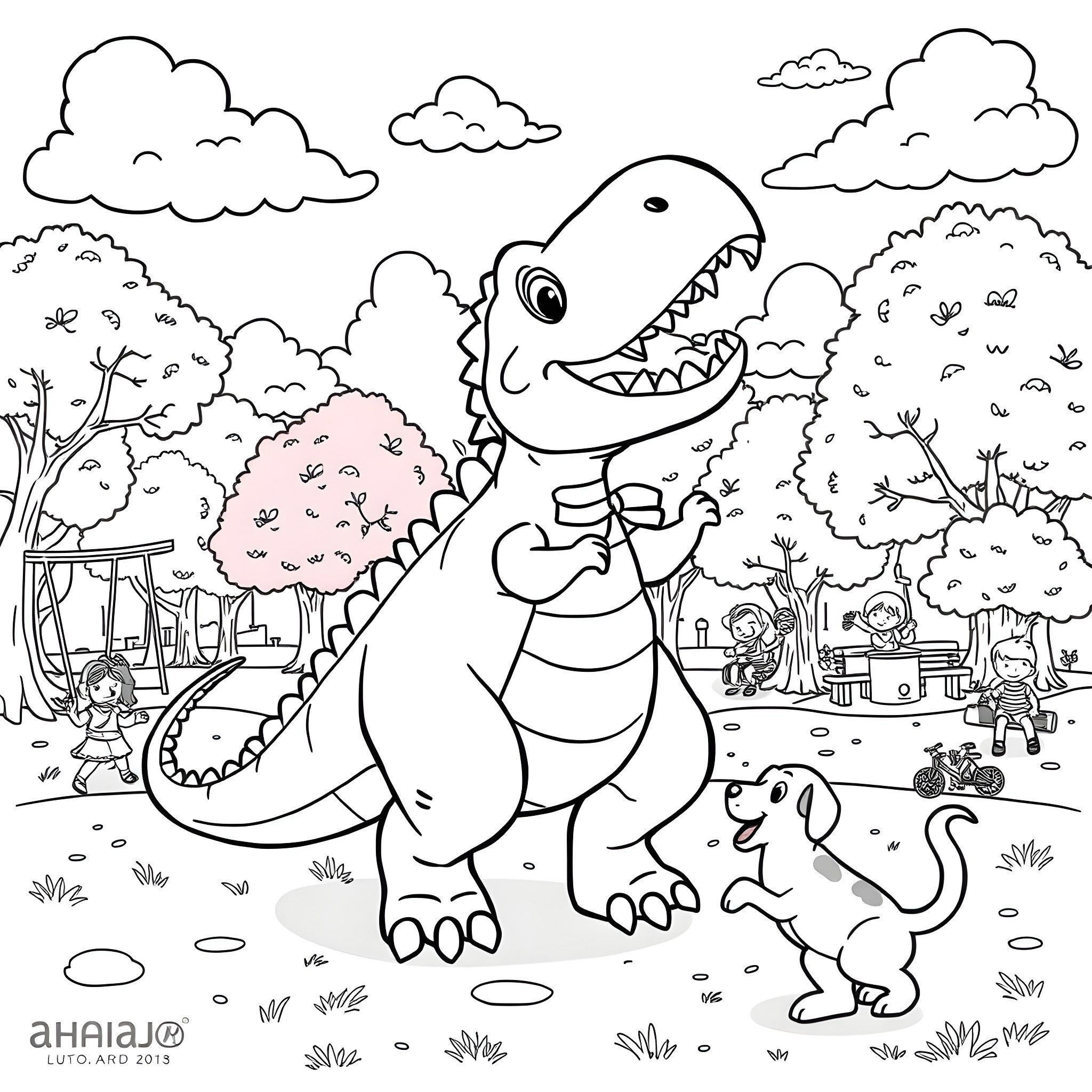 Dino playing happily with friends in the park Coloring Page (free black-and-white line drawing printable PDF for all, from beginners to advanced learners, including children, teens, adults, and seniors)