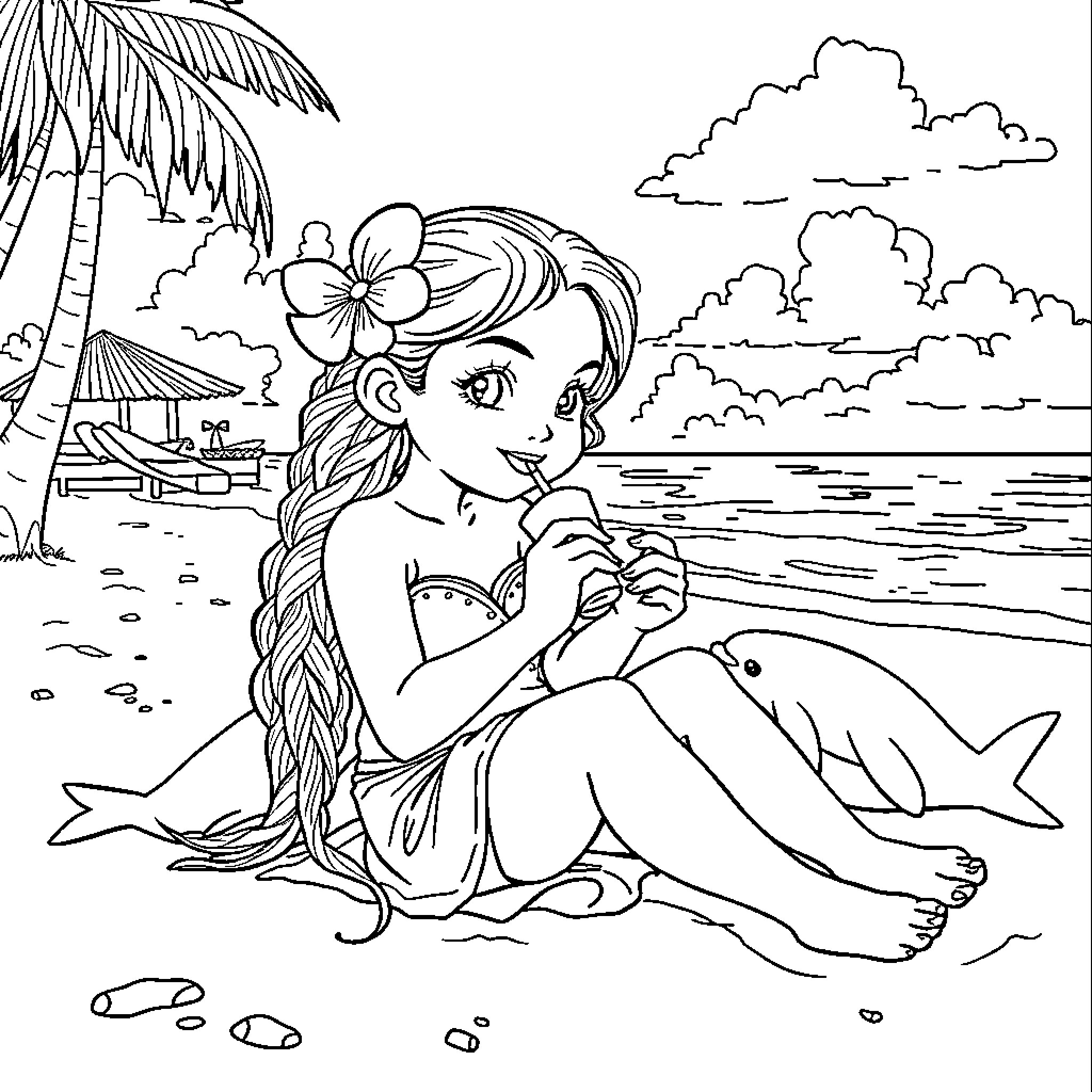 Tahitian Mermaid Enjoying Tropical Beach Scenery Coloring Page (free black-and-white line drawing printable PDF for all, from beginners to advanced learners, including children, teens, adults, and seniors)