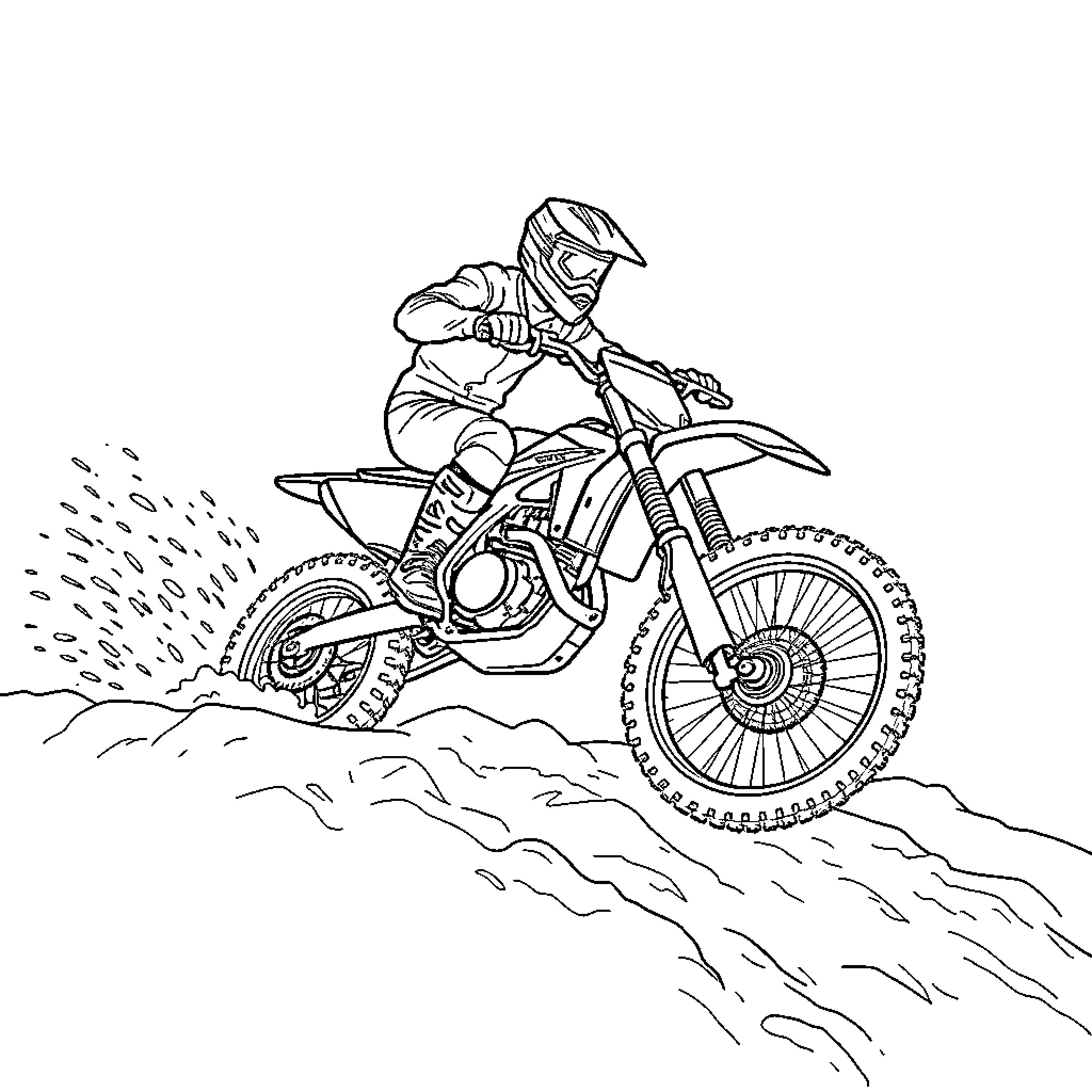 Dirt Bike Rider Navigating Challenging Terrain Coloring Page (free black-and-white line drawing printable PDF for all, from beginners to advanced learners, including children, teens, adults, and seniors)