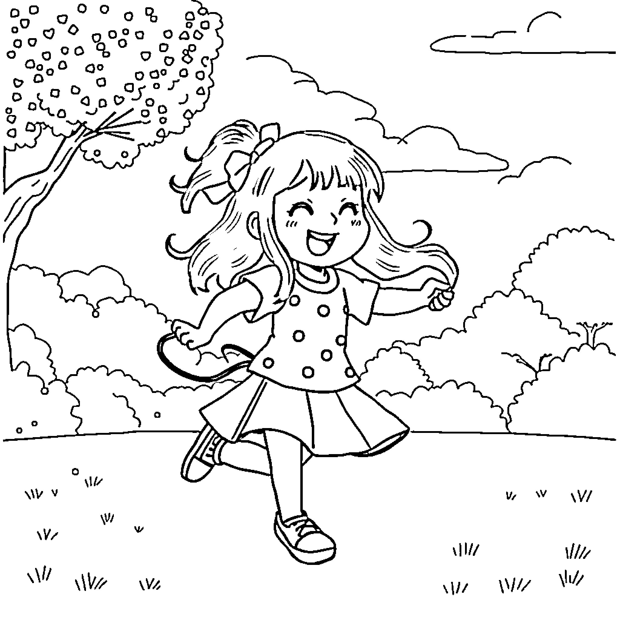 Nezuko happily dancing in a scenic outdoor setting Coloring Page (free black-and-white line drawing printable PDF for all, from beginners to advanced learners, including children, teens, adults, and seniors)