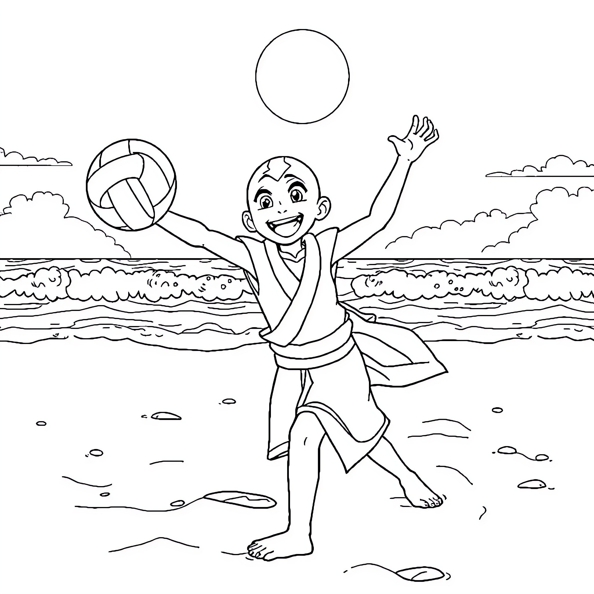 Aang playing joyfully with a volleyball on the beach Coloring Page (free black-and-white line drawing printable PDF for all, from beginners to advanced learners, including children, teens, adults, and seniors)
