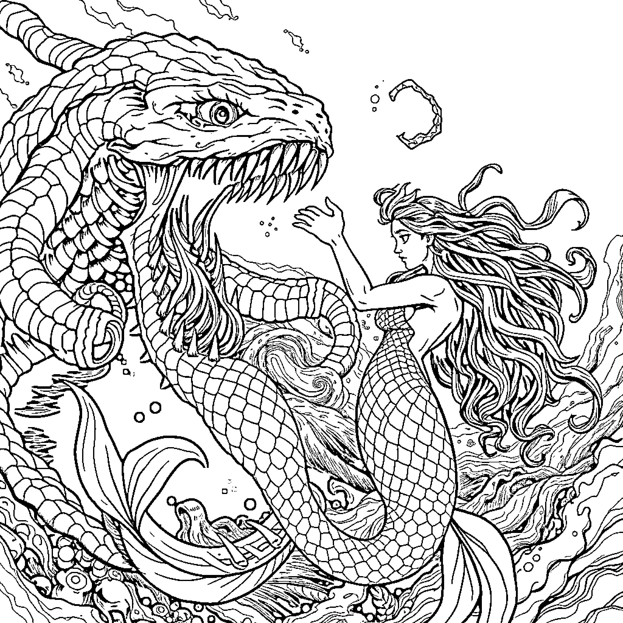 Mermaid confronting a fierce sea creature Coloring Page (free black-and-white line drawing printable PDF for all, from beginners to advanced learners, including children, teens, adults, and seniors)