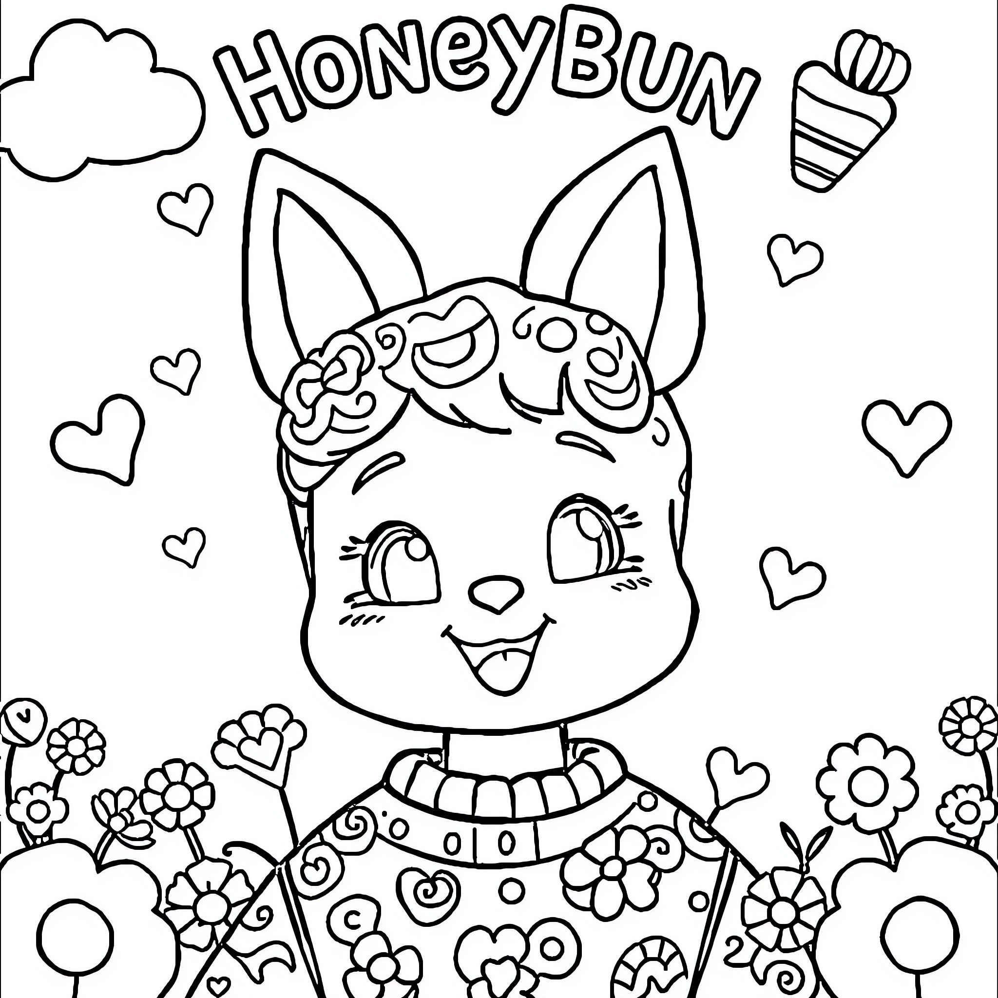 HoneyBun the Cute Bunny in a Flower Field Coloring Page (free black-and-white line drawing printable PDF for all, from beginners to advanced learners, including children, teens, adults, and seniors)