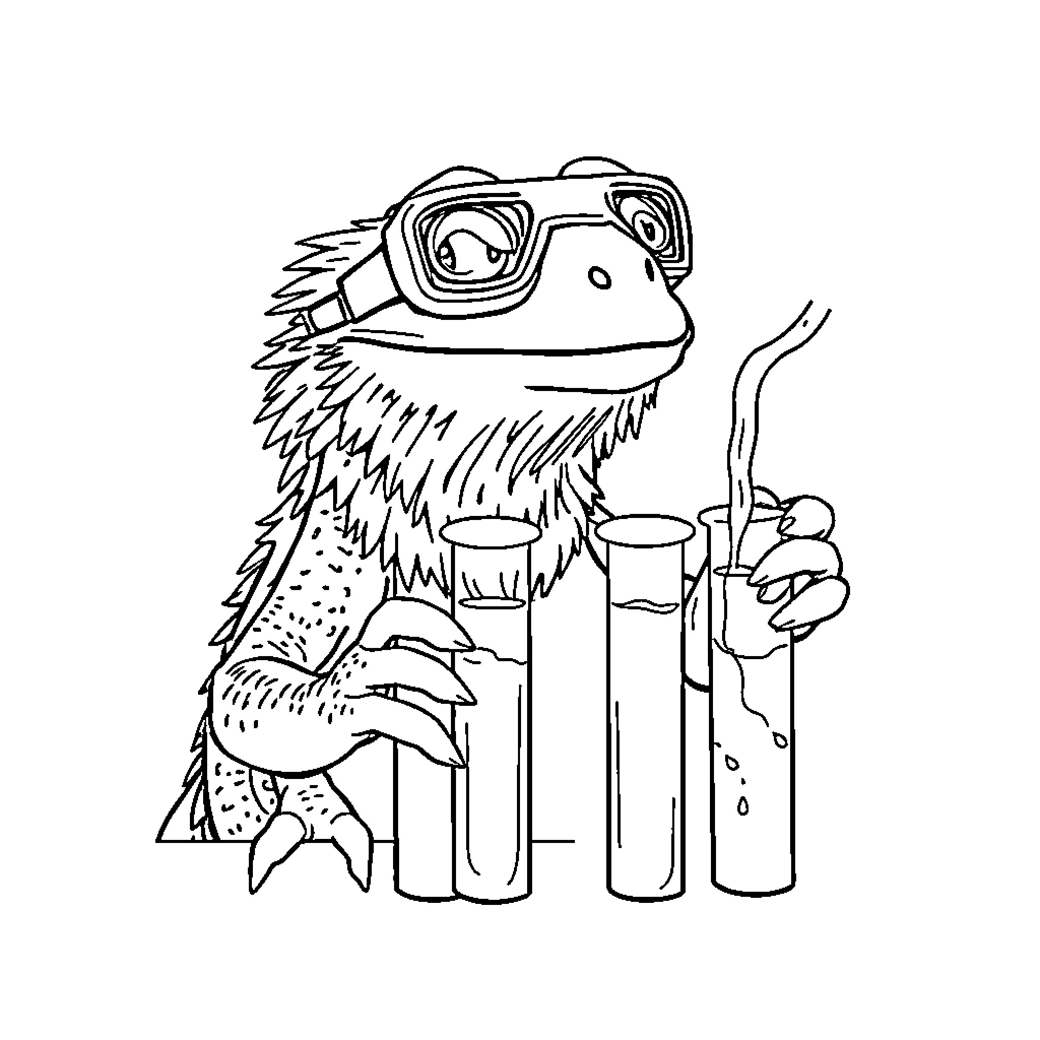 Bearded Dragon Smoking with Goggles Coloring Page (free black-and-white line drawing printable PDF for all, from beginners to advanced learners, including children, teens, adults, and seniors)