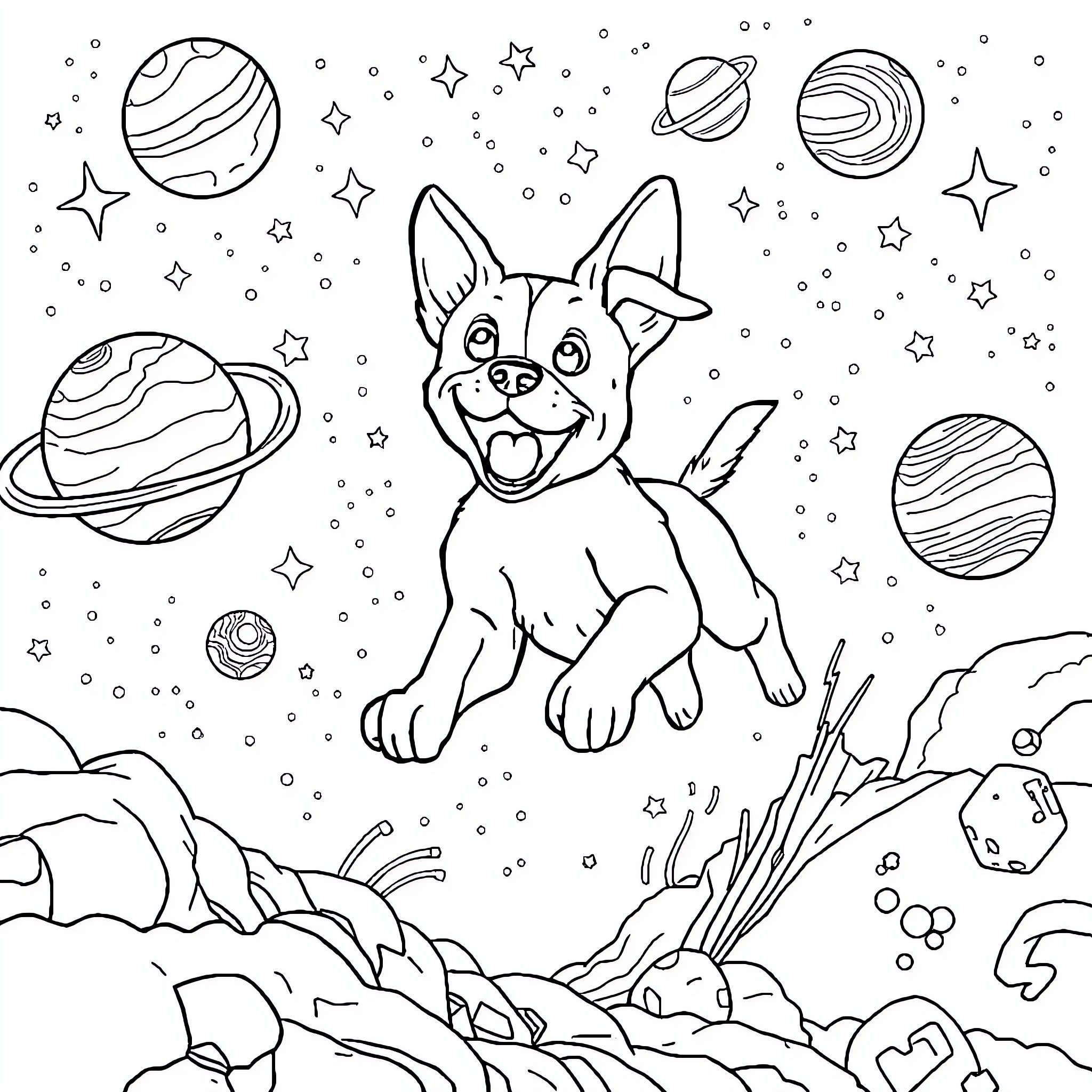 Dog exploring the cosmic landscape Coloring Page (free black-and-white line drawing printable PDF for all, from beginners to advanced learners, including children, teens, adults, and seniors)