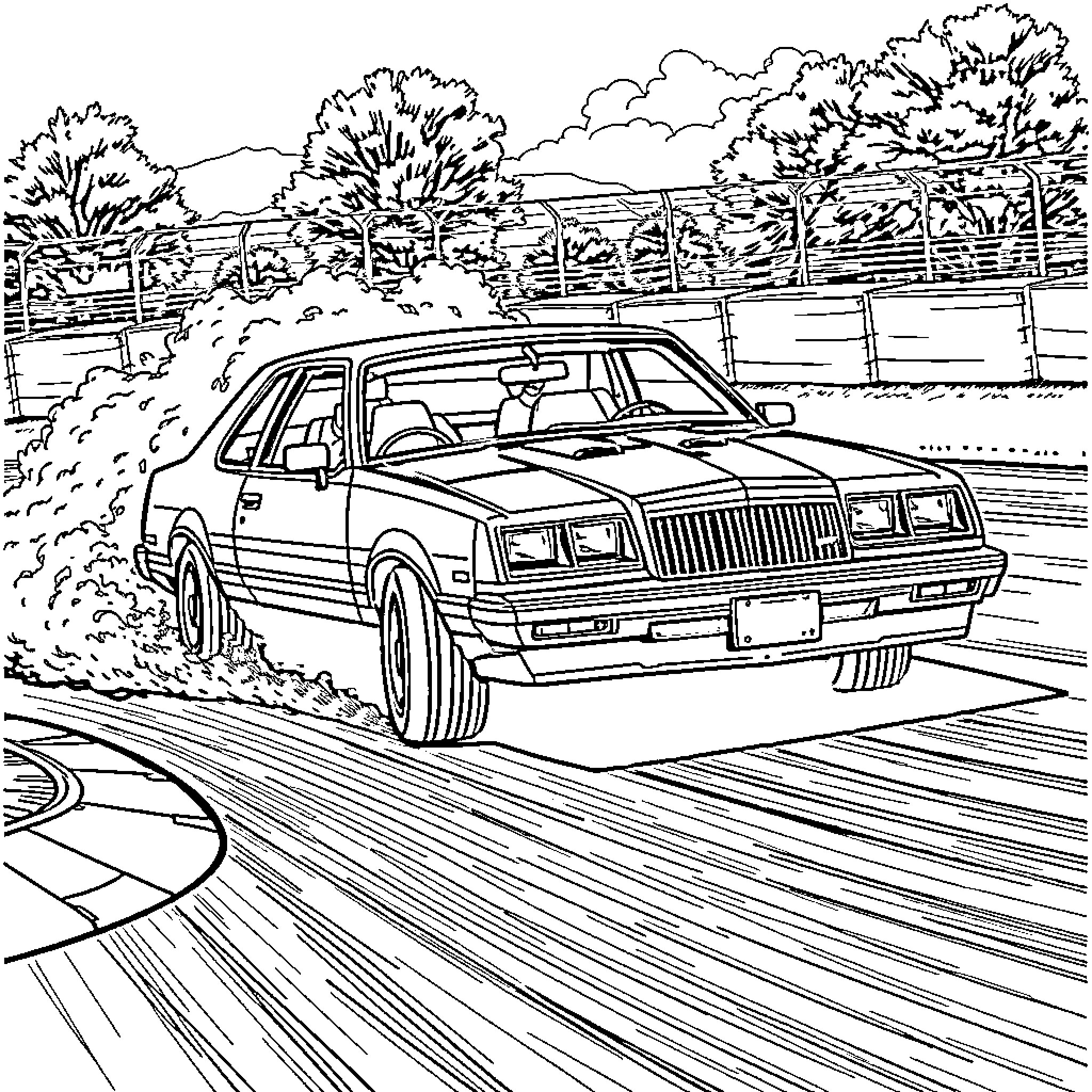 Mercury Capri driving on a rural road Coloring Page (free black-and-white line drawing printable PDF for all, from beginners to advanced learners, including children, teens, adults, and seniors)