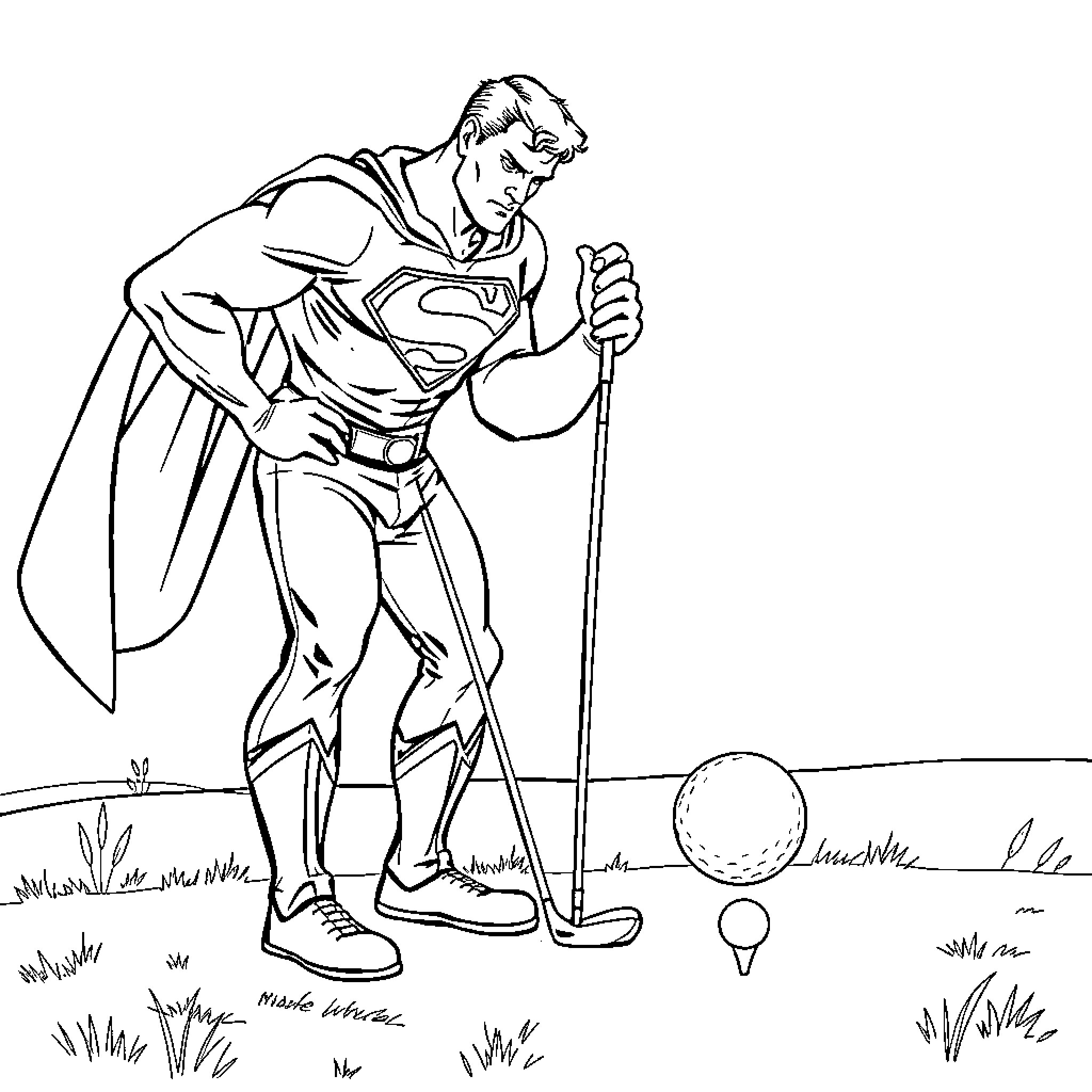Superman golfing in superhero costume Coloring Page (free black-and-white line drawing printable PDF for all, from beginners to advanced learners, including children, teens, adults, and seniors)