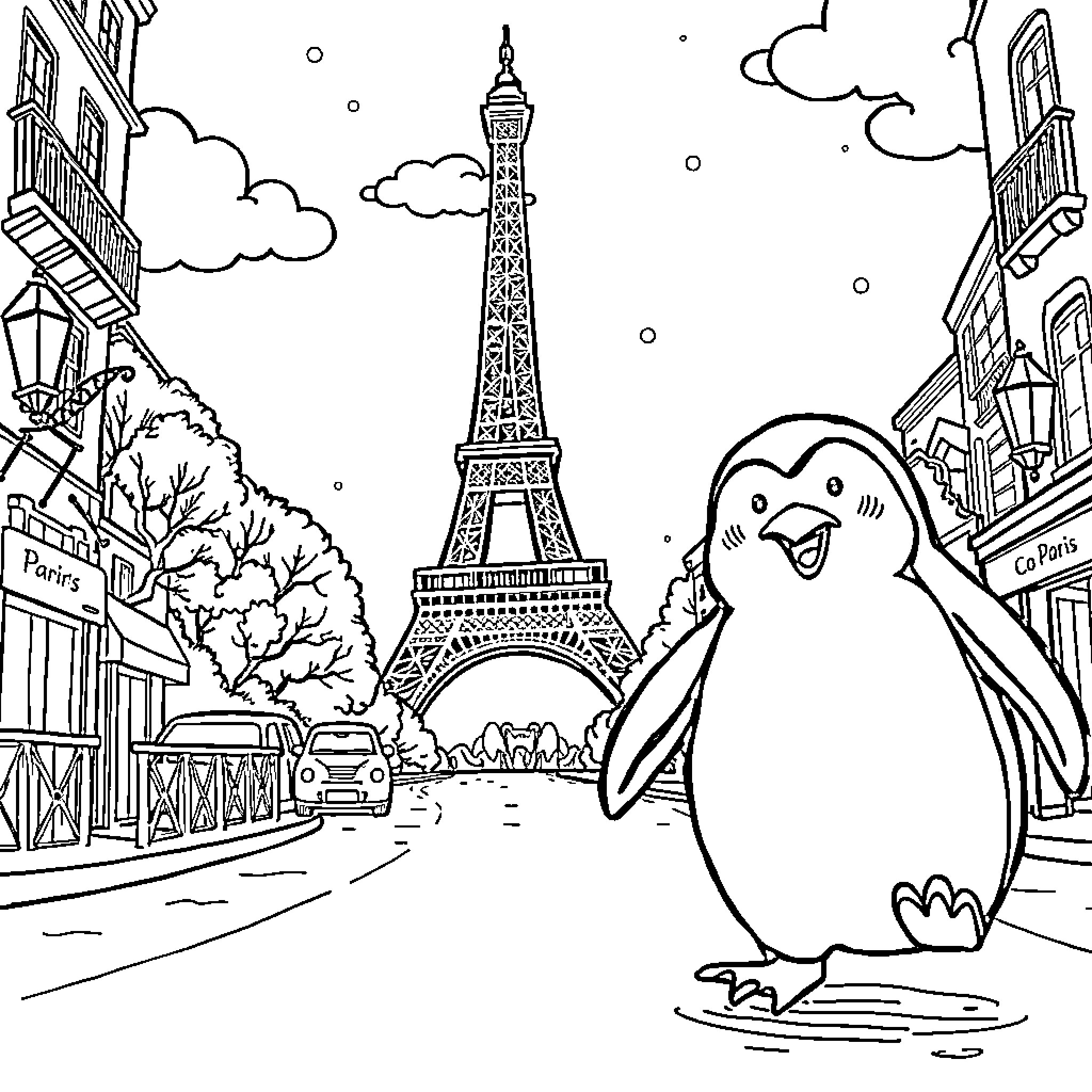 Penguin admiring the Eiffel Tower in Paris Coloring Page (free black-and-white line drawing printable PDF for all, from beginners to advanced learners, including children, teens, adults, and seniors)
