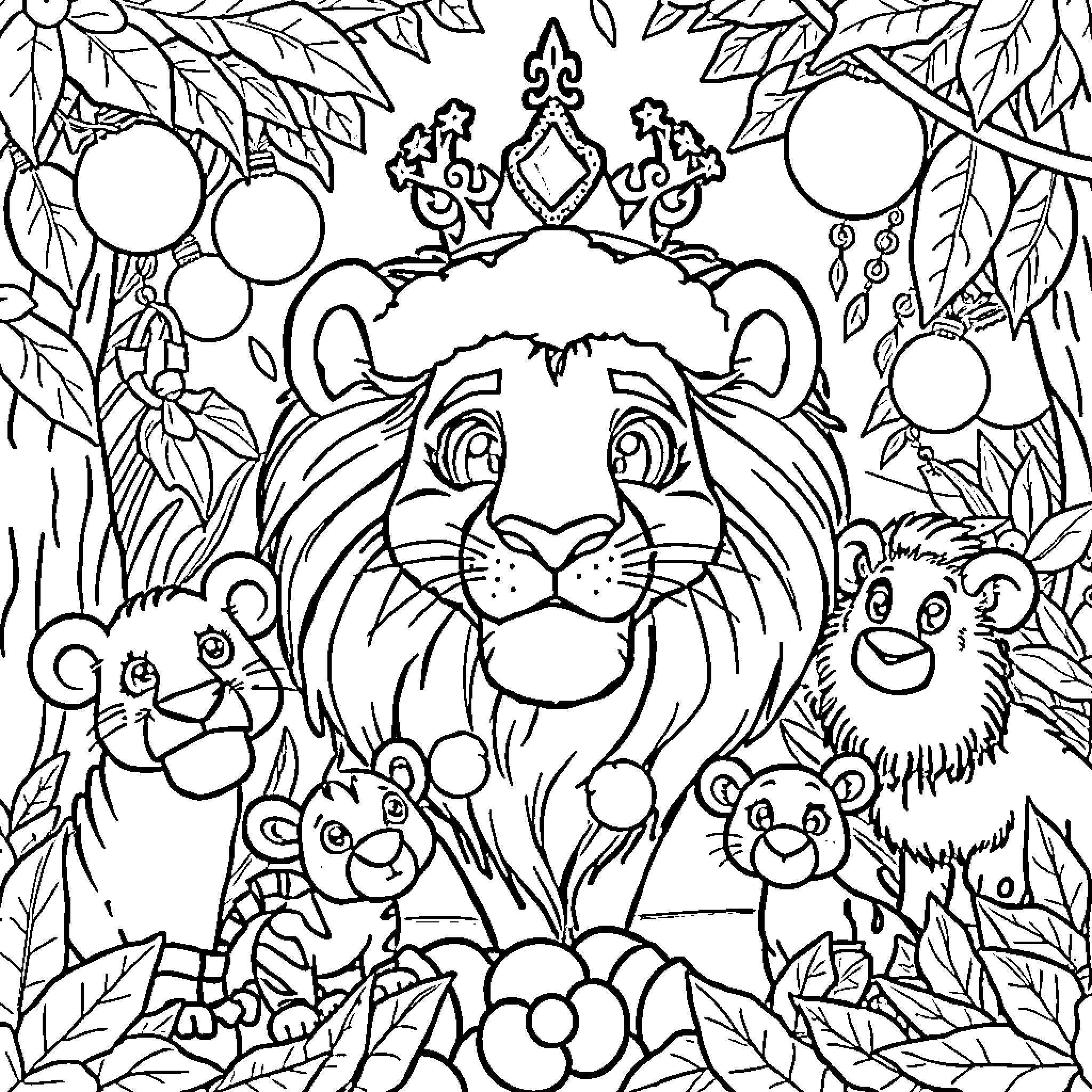 Lion surrounded by playful cubs in nature Coloring Page (free black-and-white line drawing printable PDF for all, from beginners to advanced learners, including children, teens, adults, and seniors)