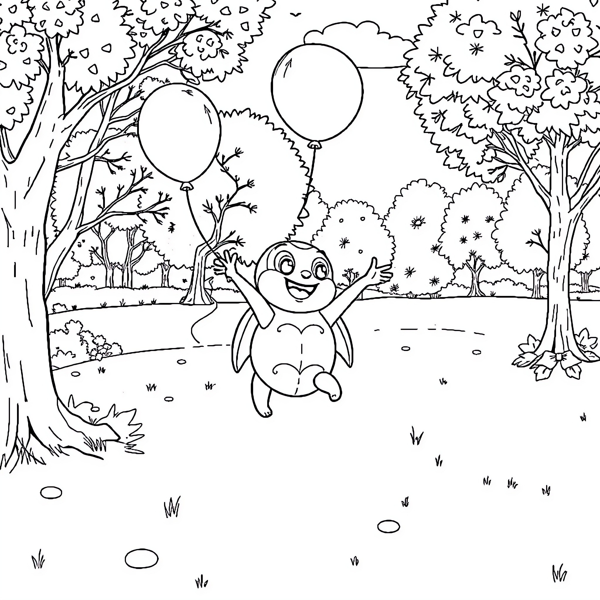 Patrol of Joyful Creature in Whimsical Forest Coloring Page (free black-and-white line drawing printable PDF for all, from beginners to advanced learners, including children, teens, adults, and seniors)