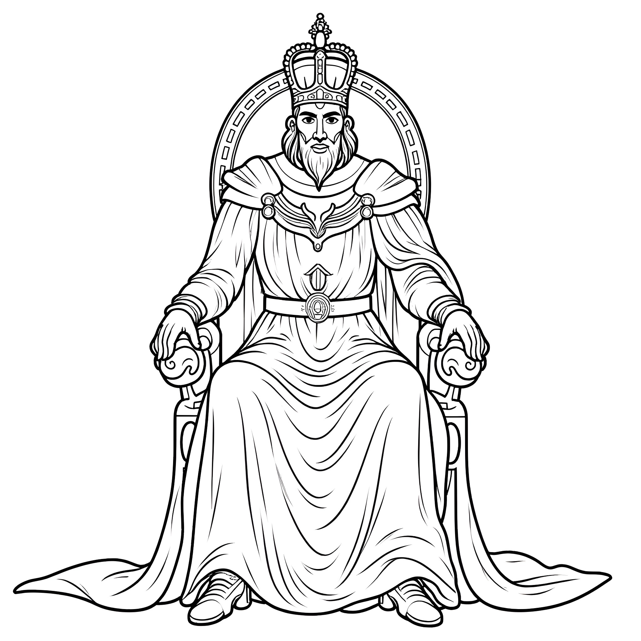 Konig in Regal Attire Sitting on Throne Coloring Page (free black-and-white line drawing printable PDF for all, from beginners to advanced learners, including children, teens, adults, and seniors)