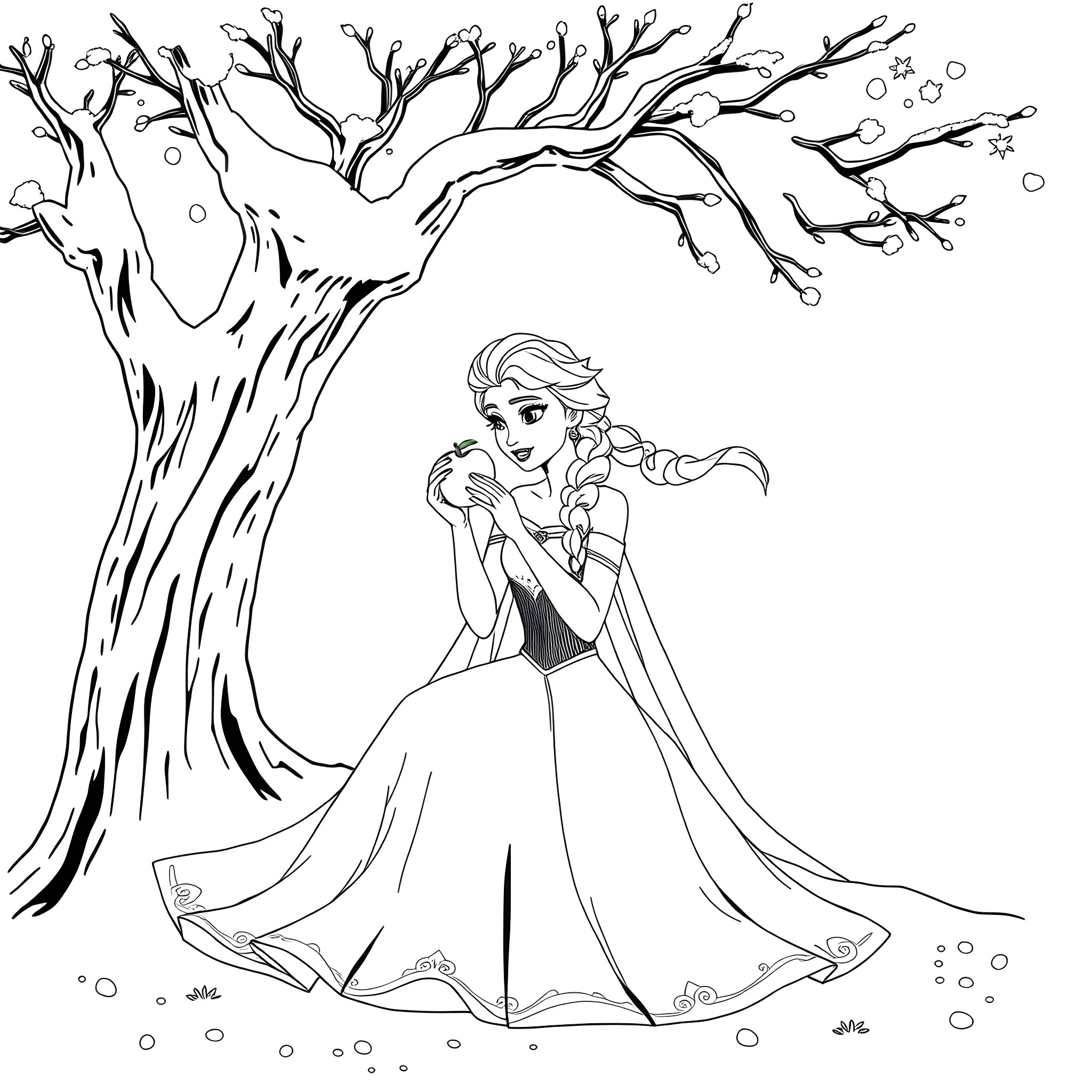 Elsa admiring the wintry tree in solitude Coloring Page (free black-and-white line drawing printable PDF for all, from beginners to advanced learners, including children, teens, adults, and seniors)