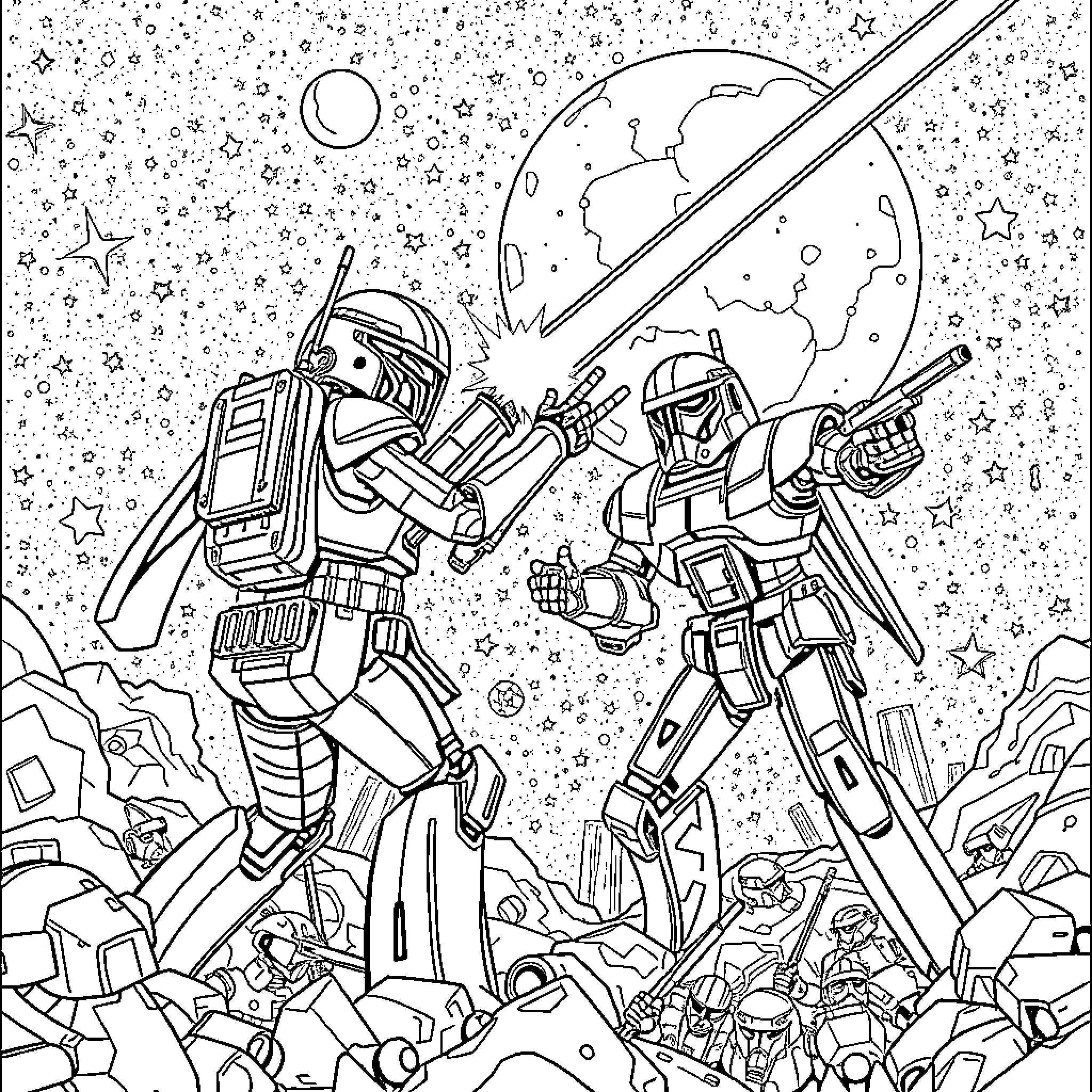 Robot Soldiers Battling in Outer Space Coloring Page (free black-and-white line drawing printable PDF for all, from beginners to advanced learners, including children, teens, adults, and seniors)
