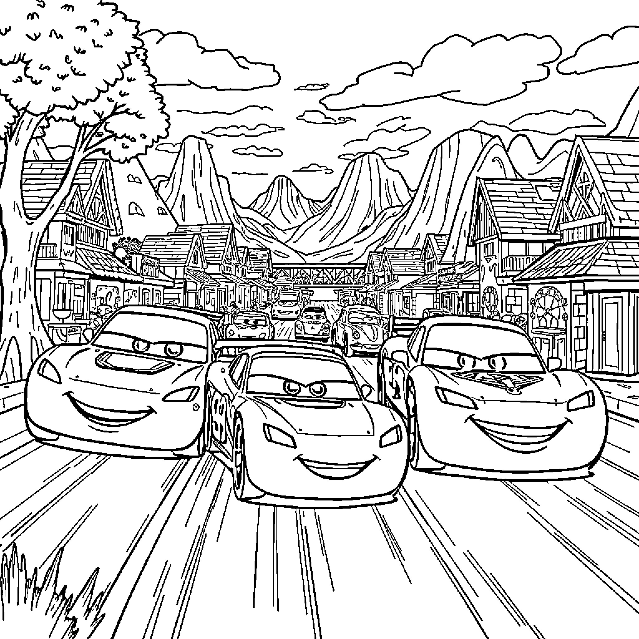 Car characters racing through scenic mountain town Coloring Page (free black-and-white line drawing printable PDF for all, from beginners to advanced learners, including children, teens, adults, and seniors)