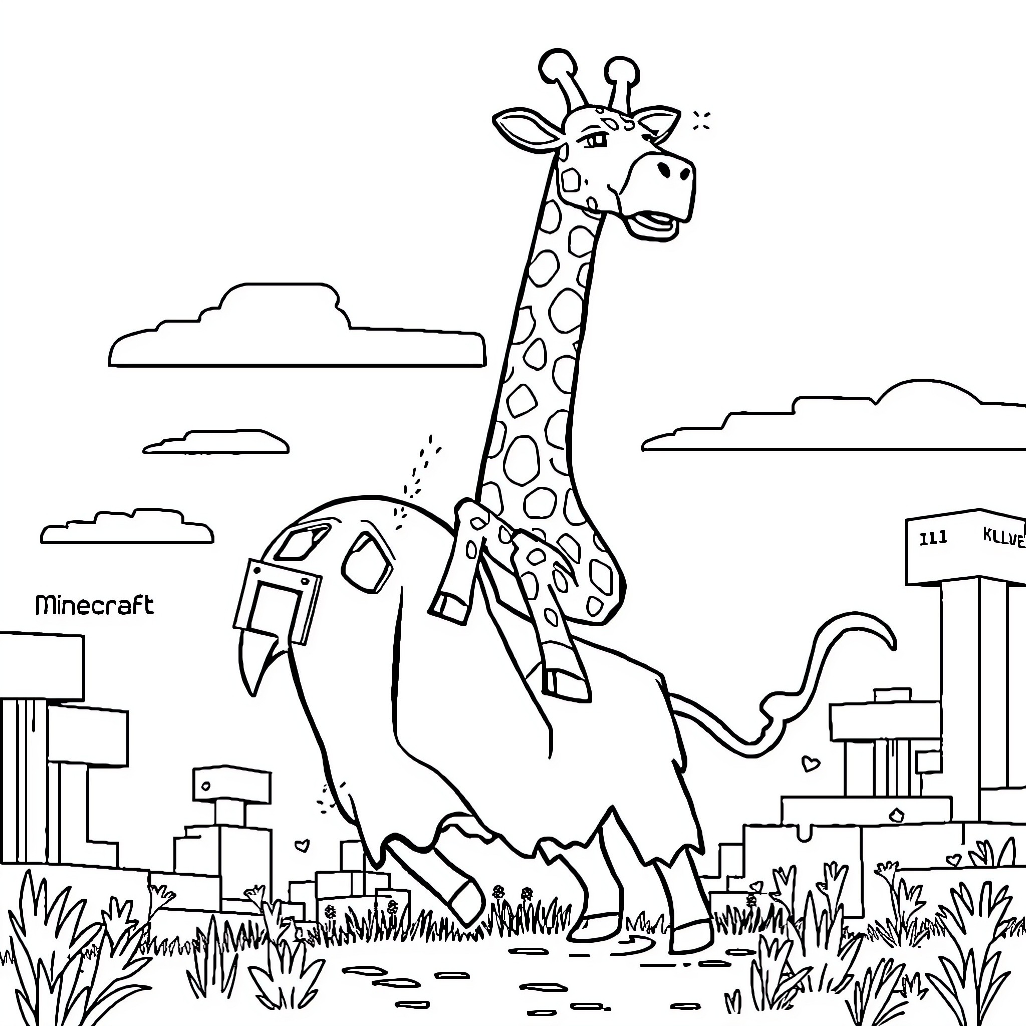 Giraffe exploring the urban landscape Coloring Page (free black-and-white line drawing printable PDF for all, from beginners to advanced learners, including children, teens, adults, and seniors)