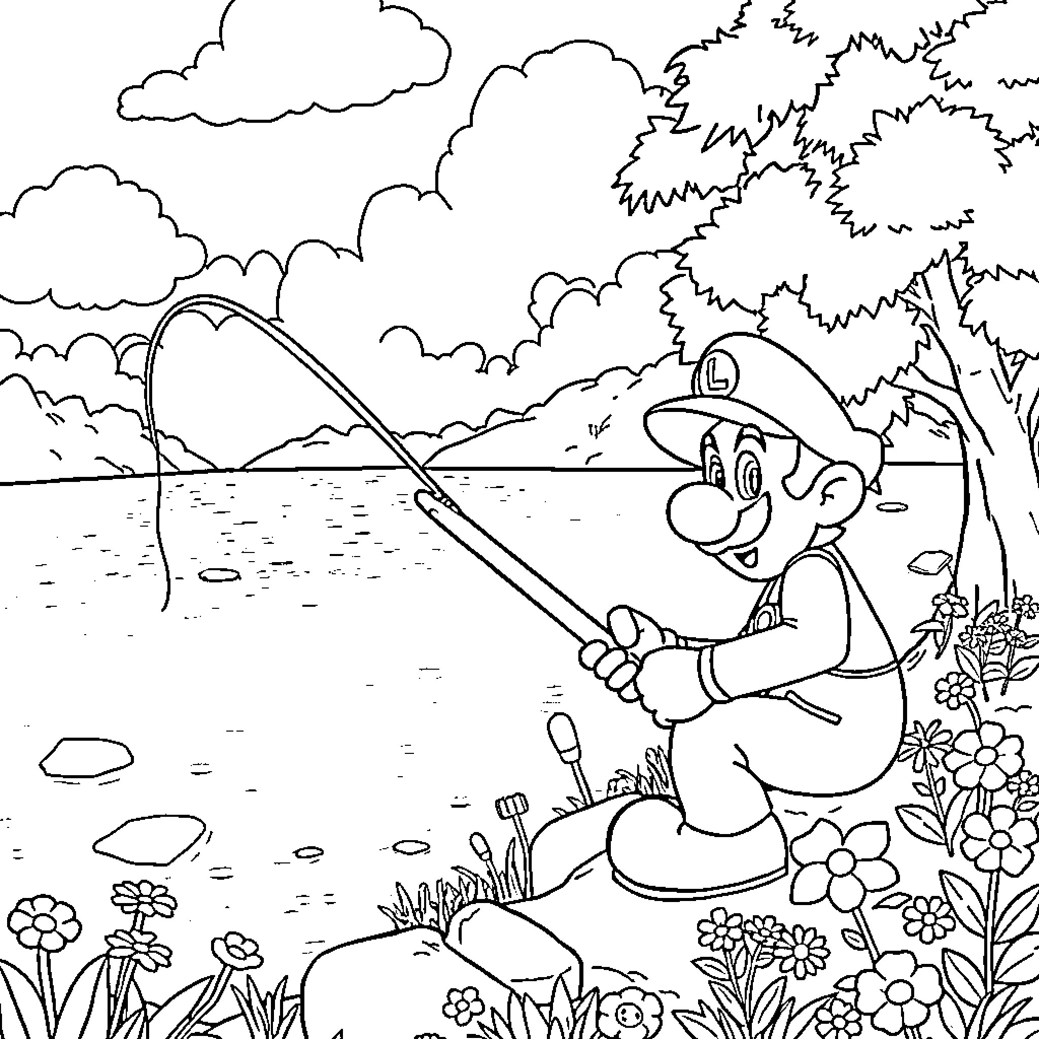 Mario Relaxing and Fishing in Nature Coloring Page (free black-and-white line drawing printable PDF for all, from beginners to advanced learners, including children, teens, adults, and seniors)