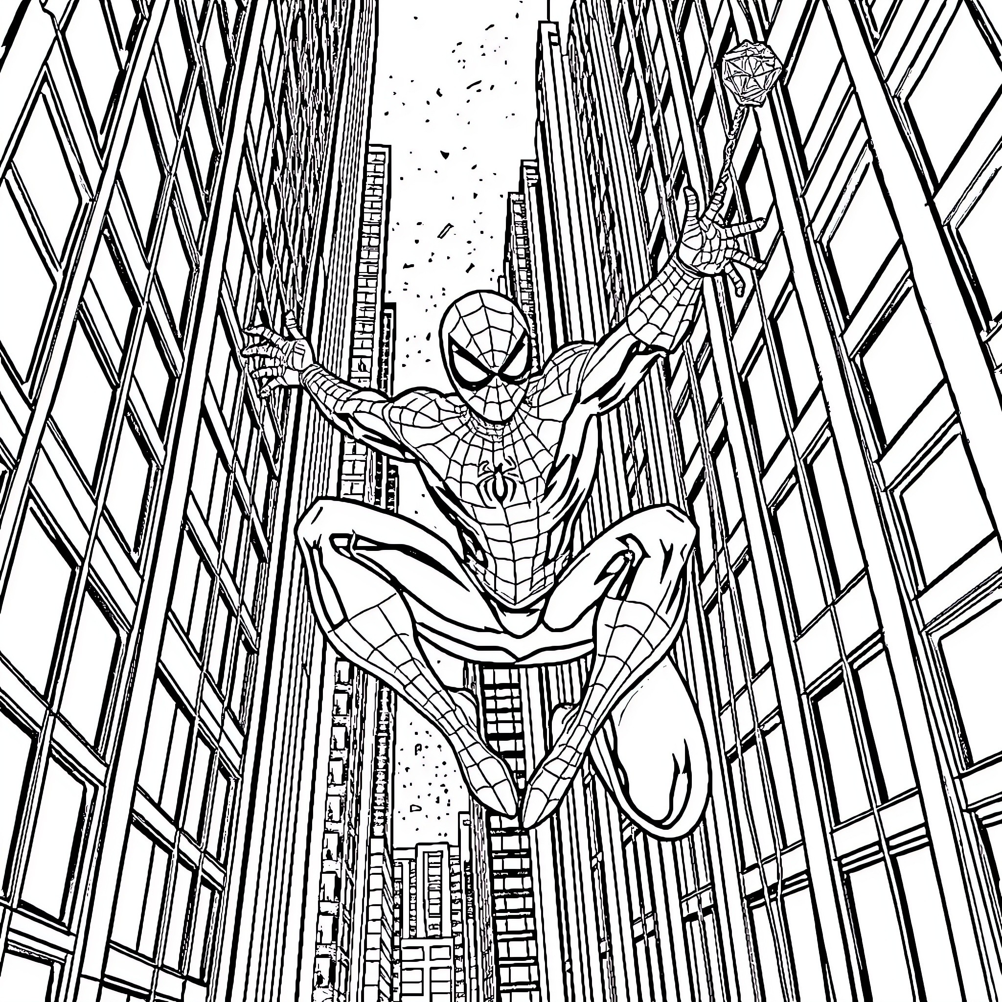 Spiderman swinging through the cityscape Coloring Page (free black-and-white line drawing printable PDF for all, from beginners to advanced learners, including children, teens, adults, and seniors)