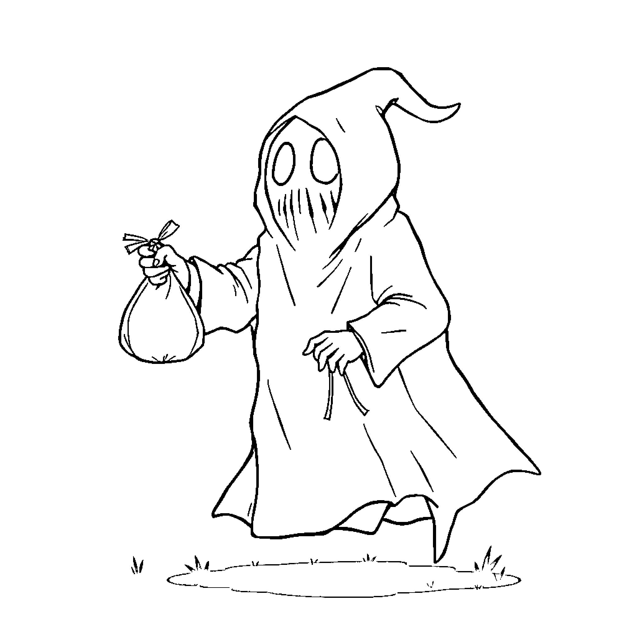Ghost figure carrying a bag in a spooky scene Coloring Page (free black-and-white line drawing printable PDF for all, from beginners to advanced learners, including children, teens, adults, and seniors)