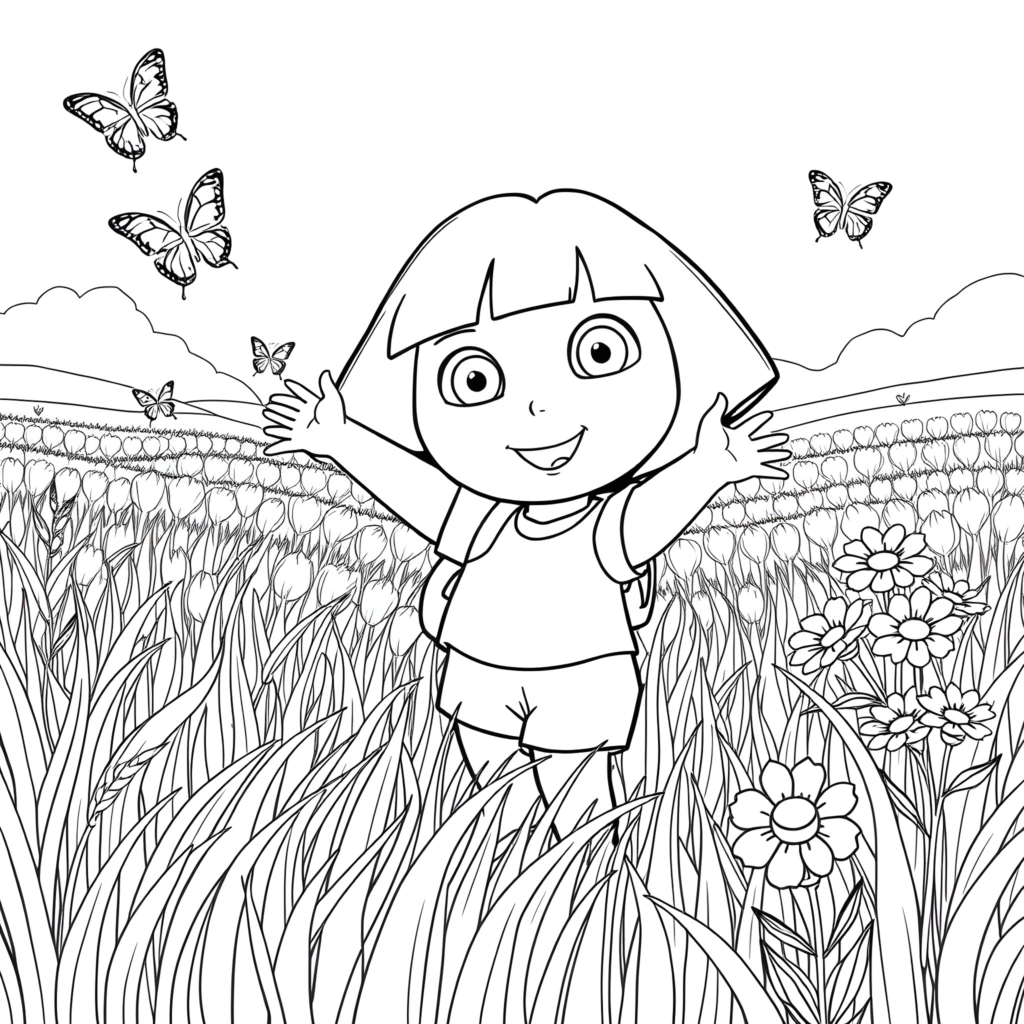 Dora exploring the beautiful meadow with butterflies Coloring Page (free black-and-white line drawing printable PDF for all, from beginners to advanced learners, including children, teens, adults, and seniors)