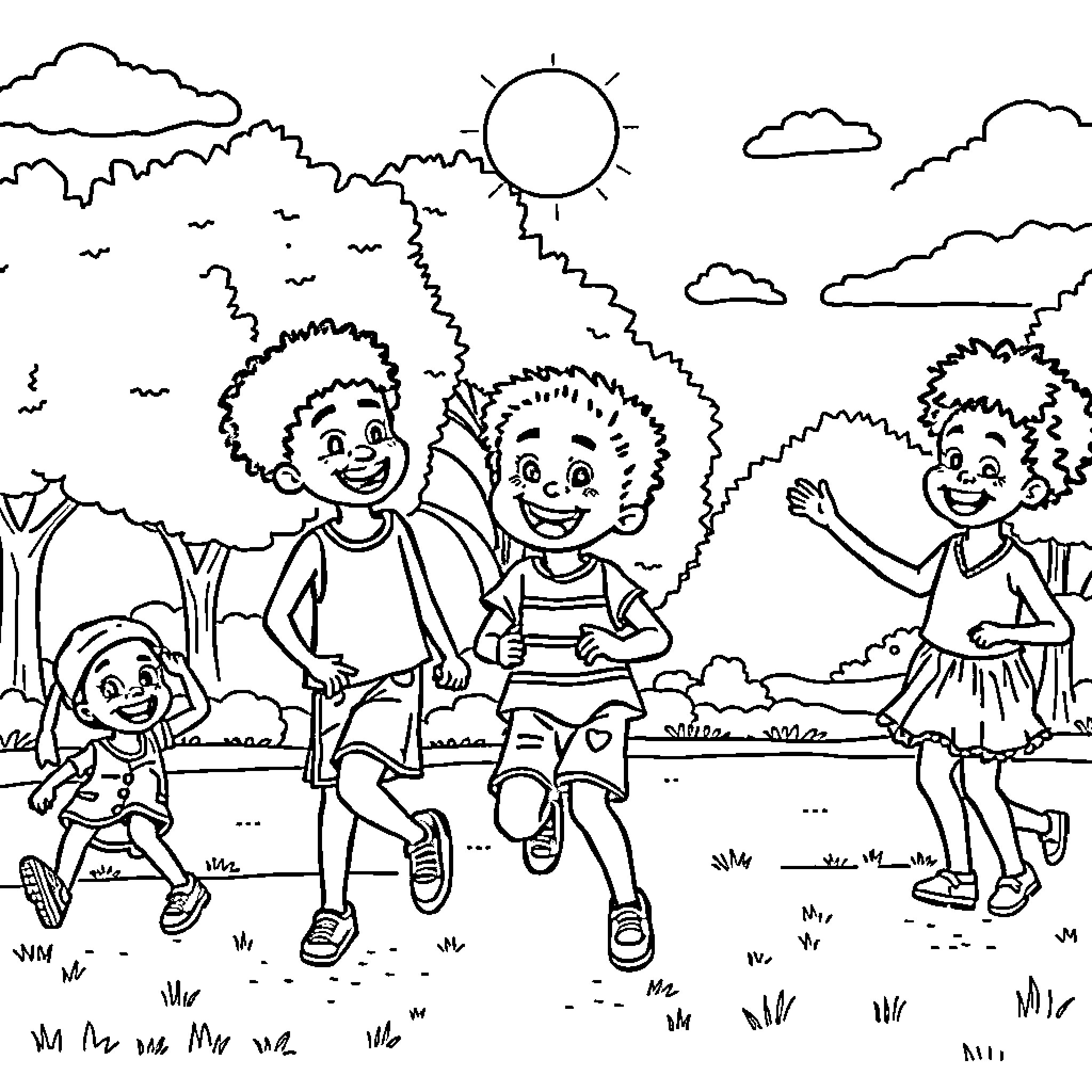 Kids enjoying outdoor adventure in nature Coloring Page (free black-and-white line drawing printable PDF for all, from beginners to advanced learners, including children, teens, adults, and seniors)